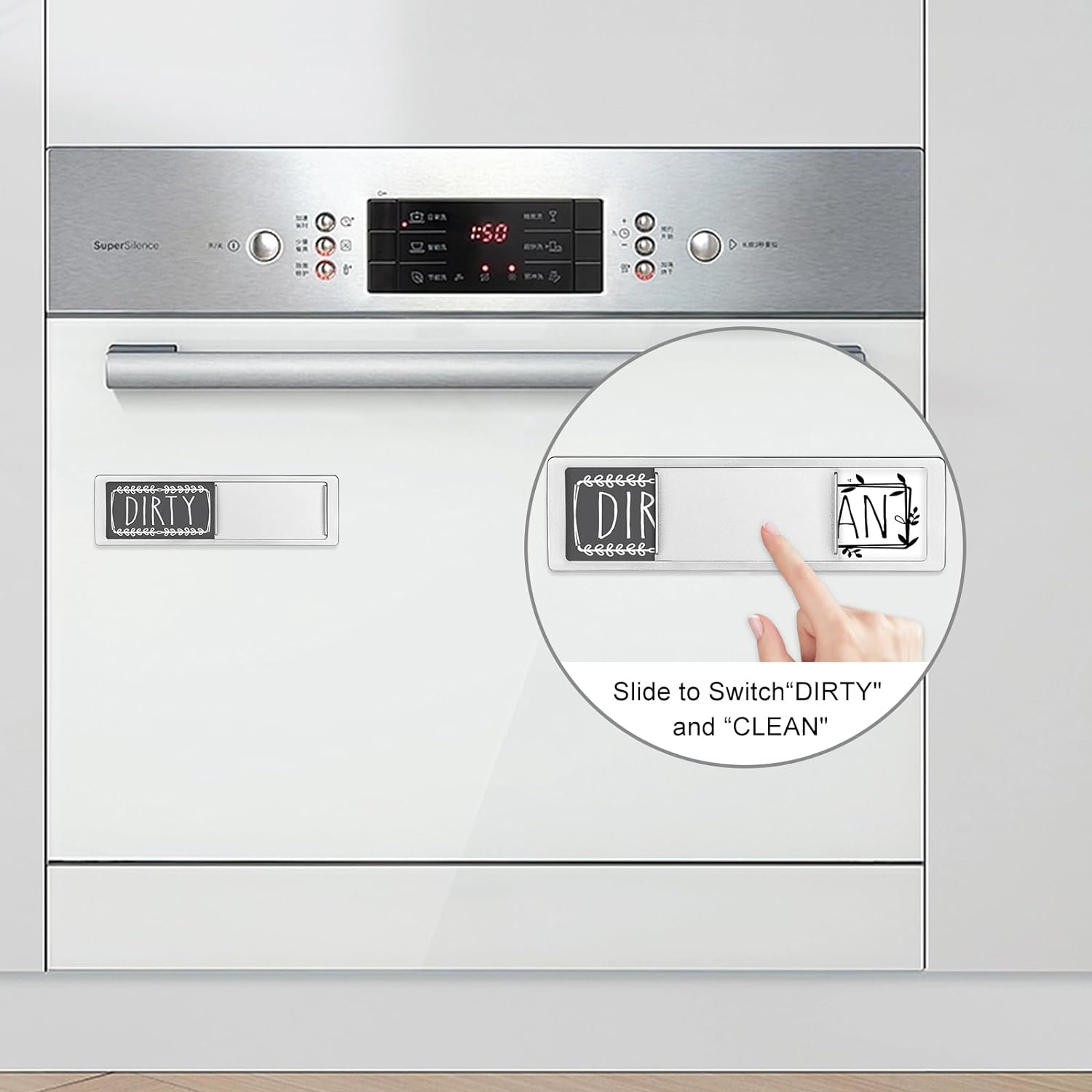 Dishwasher Magnet Clean Dirty Sign,Clean Dirty Sign Indicator with Slide Design with Double-Sided Sticker Ideal Signs for Any Home or Office Kitchen(Art Font Silver) image number 6