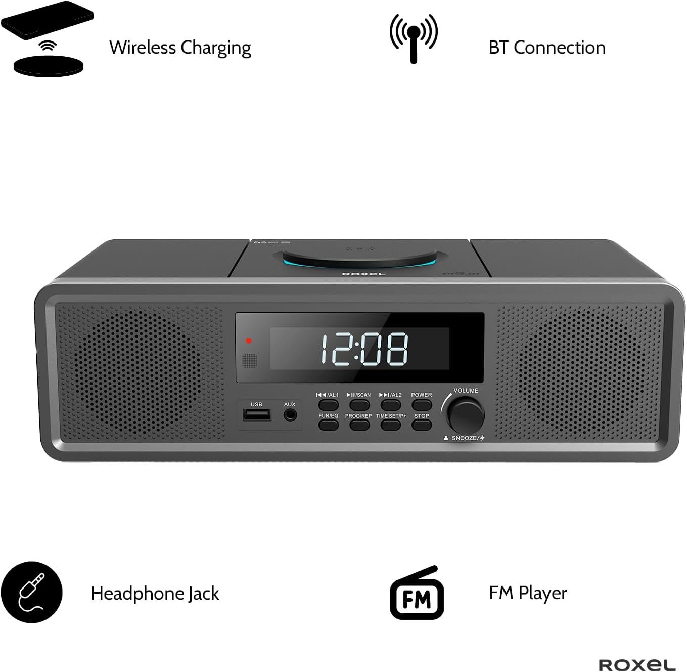 Roxel RCD-330BT All-In-One Compact Mini System with CD Player, USB Playback, FM Radio, BT Streaming, Headphone Jack and Wireless Phone Charging image number 6