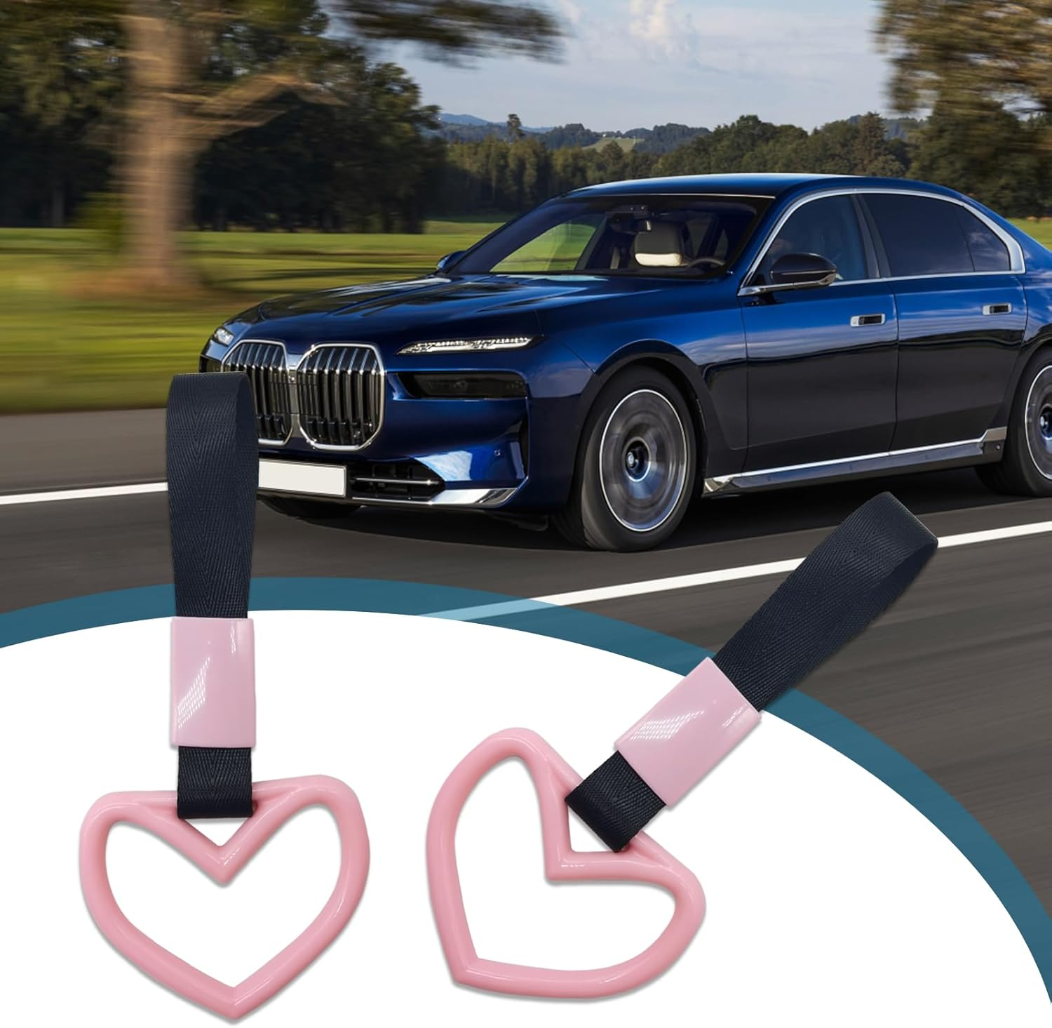 Gunhunt 2 PCS Car Heart Shaped Handle Straps, Decorate Warning Lanyard, Drifting Charm Rear Bumper Lanyard, Automobile Universal Interior Braided Car Loop (Black & Pink) image number 5