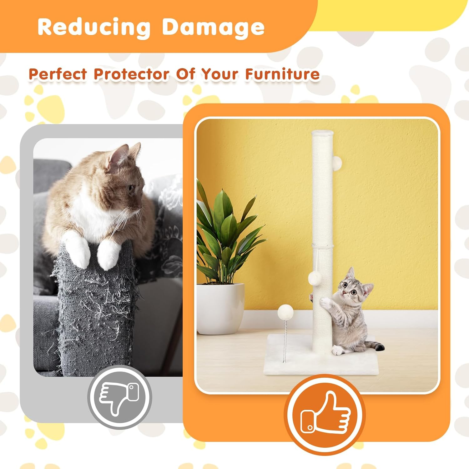 Advwin 33" Cat Scratching Post, Premium Sisal Rope Cat Scratcher for Indoor Cats, Cat Claw Scratching Post with Hanging Balls, Stable Heavy Base - Beige - 145Cm image number 7