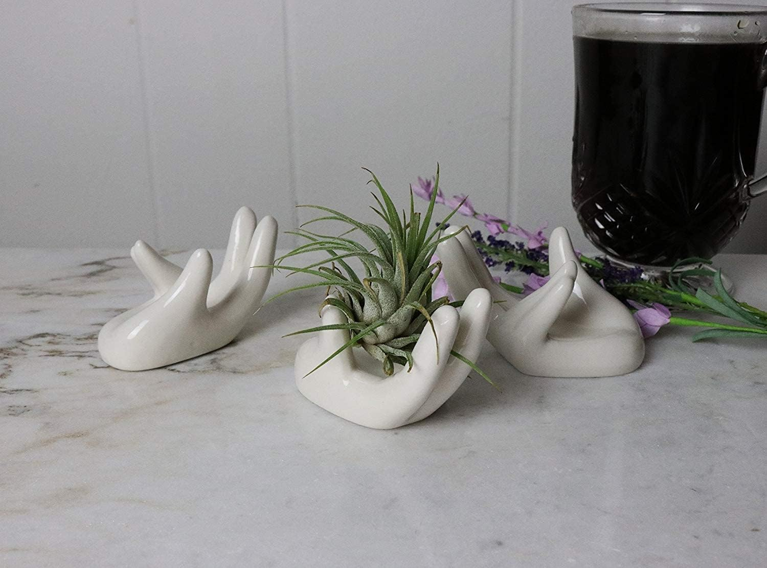 2 PCS Air Plant Holder Cute Ceramic Mini Hand Shape Stand Airplants Tillandsia Small Container Pot Plant Decorative Home Decor for Desk Table Shelf Window, White image number 1