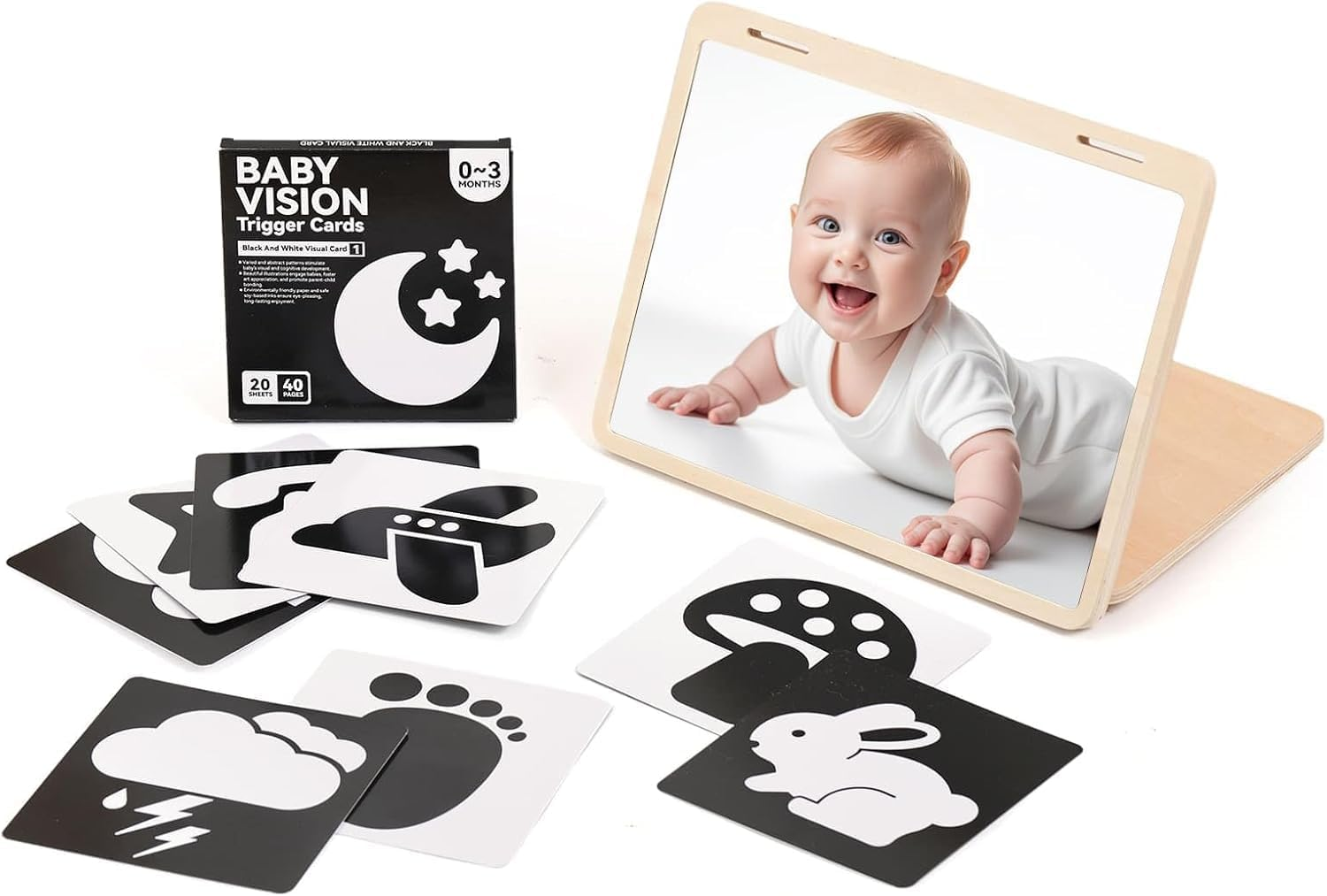 EERKEOD Tummy Time Mirror Large Montessori Tummy Time Toys Baby Safe Mirror and Card Display Stand with Black and White High Contrast Baby Cards Adjustable Angle and Double-Sided Design image number 3
