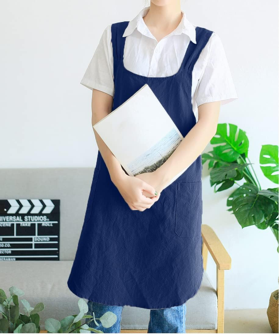 Soft Cotton Linen Apron Cross Back X-Shaped Japanese Style Pinafore Dress for Cooking, Housewarming, Daily Chores - Grey image number 2
