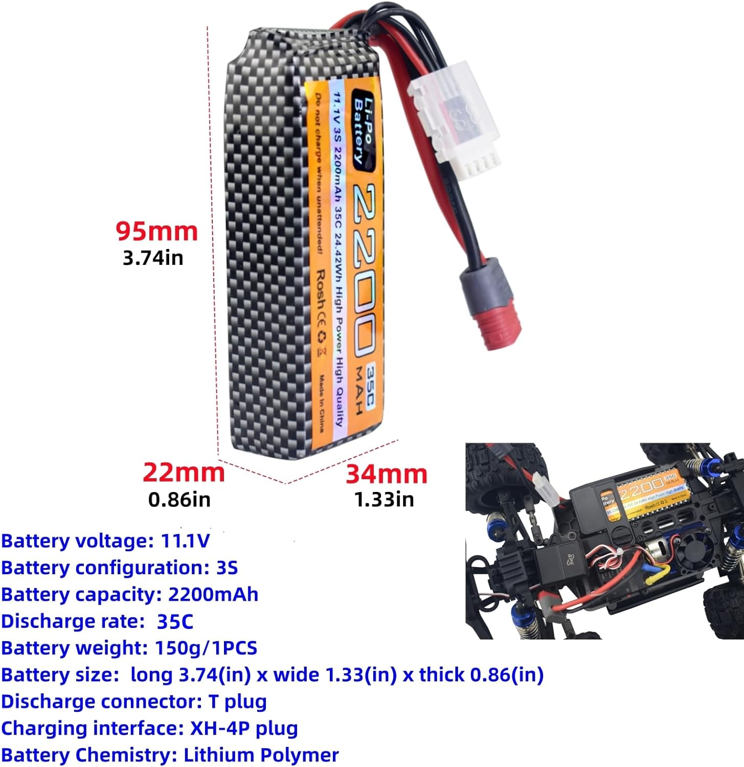 Fytoo 11.1V 2200Mah 35C 3S Lipo Battery with T Plug and USB Charging Cable Suitable for MJX H16P H16E H16GT H16BM H16PL 14301 RC Car High-Speed Drift Model Toy Car Upgrade Battery image number 3