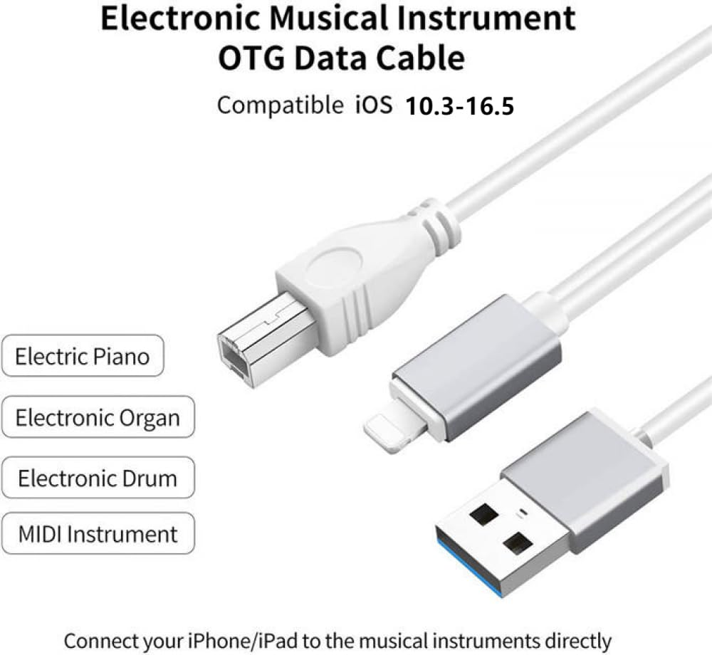 USB 2.0 Type-B OTG Adapter and Charging MIDI Cable Compatible Ios Devices to Midi Controller/Electronic Music Instrument/Piano/Midi Keyboard/Recording Audio Interface/Usb Microphone, 1M image number 3