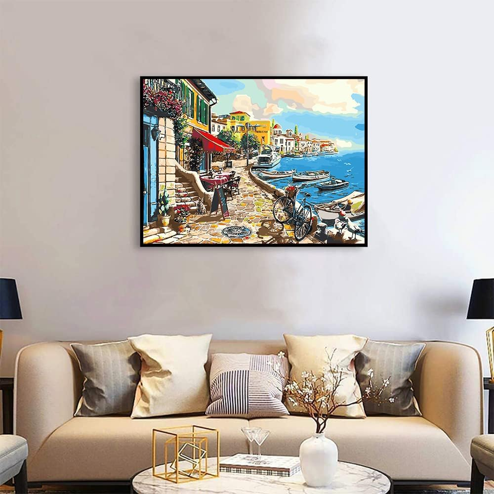 Paint by Number for Adults. Coastal City DIY Acrylic Painting Kit for Adults Beginner &ndash; 16&rdquo; X 20&rdquo;With 3 Brushes and Bright Colors image number 1