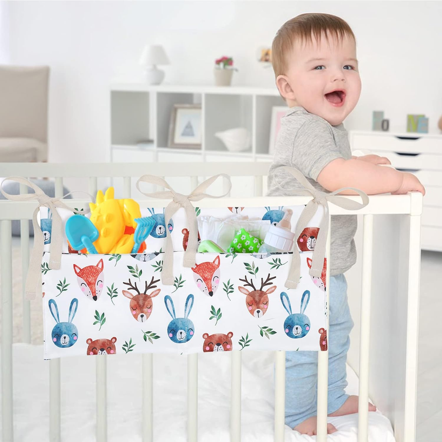 Winmany Baby Crib Organizer Cot Caddy Bed Storage Bag 2 Pockets Bedside Hanging Diaper Nursery Organizer for Diapers Toys Clothing (Animal) image number 2
