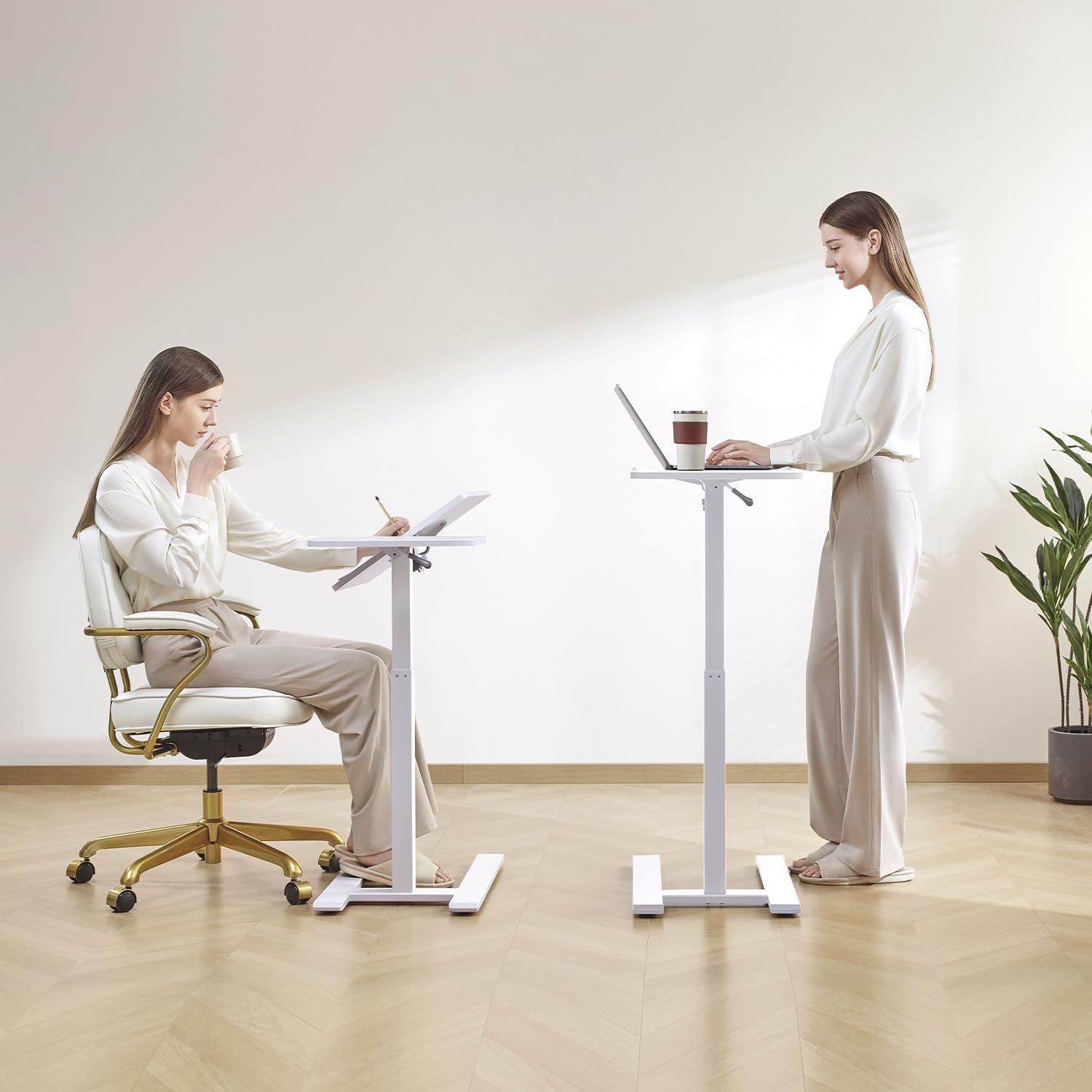 SIHOO D01 Adjustable Tilt Overbed Bedside Table with Wheels Small Spaces Sofa Bedroom Bedside Desk Pneumatic Mobile Standing Laptop Desk Game Desk with Movable Wheels (White) image number 6