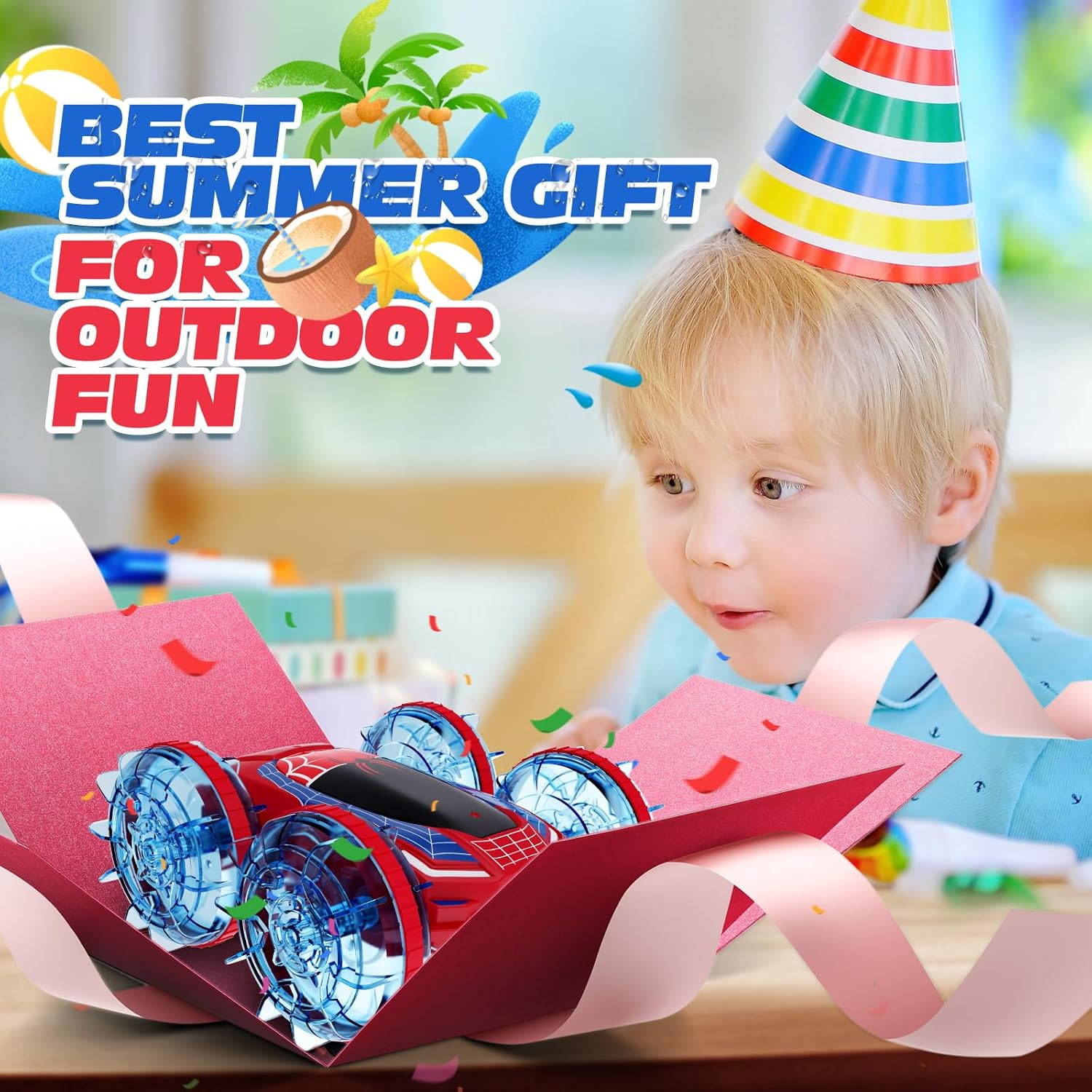 Tecnock Amphibious Remote Control Car Boat, 4WD Gesture RC Cars with Magnetic Charging, 60 Min Playtime, LED Lights, Pool Toys for Kids Ages 6-12, Toys for Boys Girls (Red)