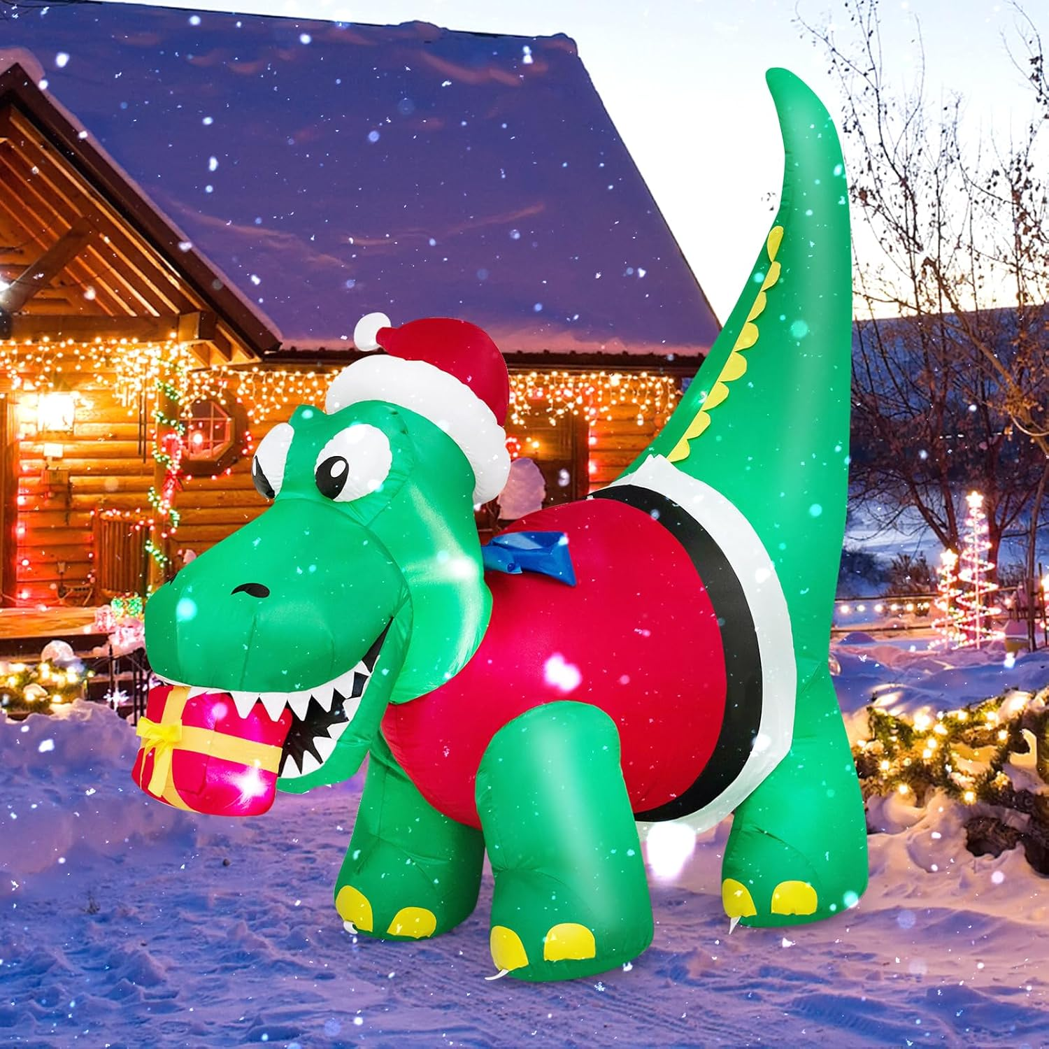 Costway 1.83M Christmas Inflatable Dinosaur, Inflatable Christmas Decoration with LED Lights, Gift Box & Waterproof Blower, Tall Indoor Outdoor Holiday Decoration for Yard, Party, Lawn image number 5