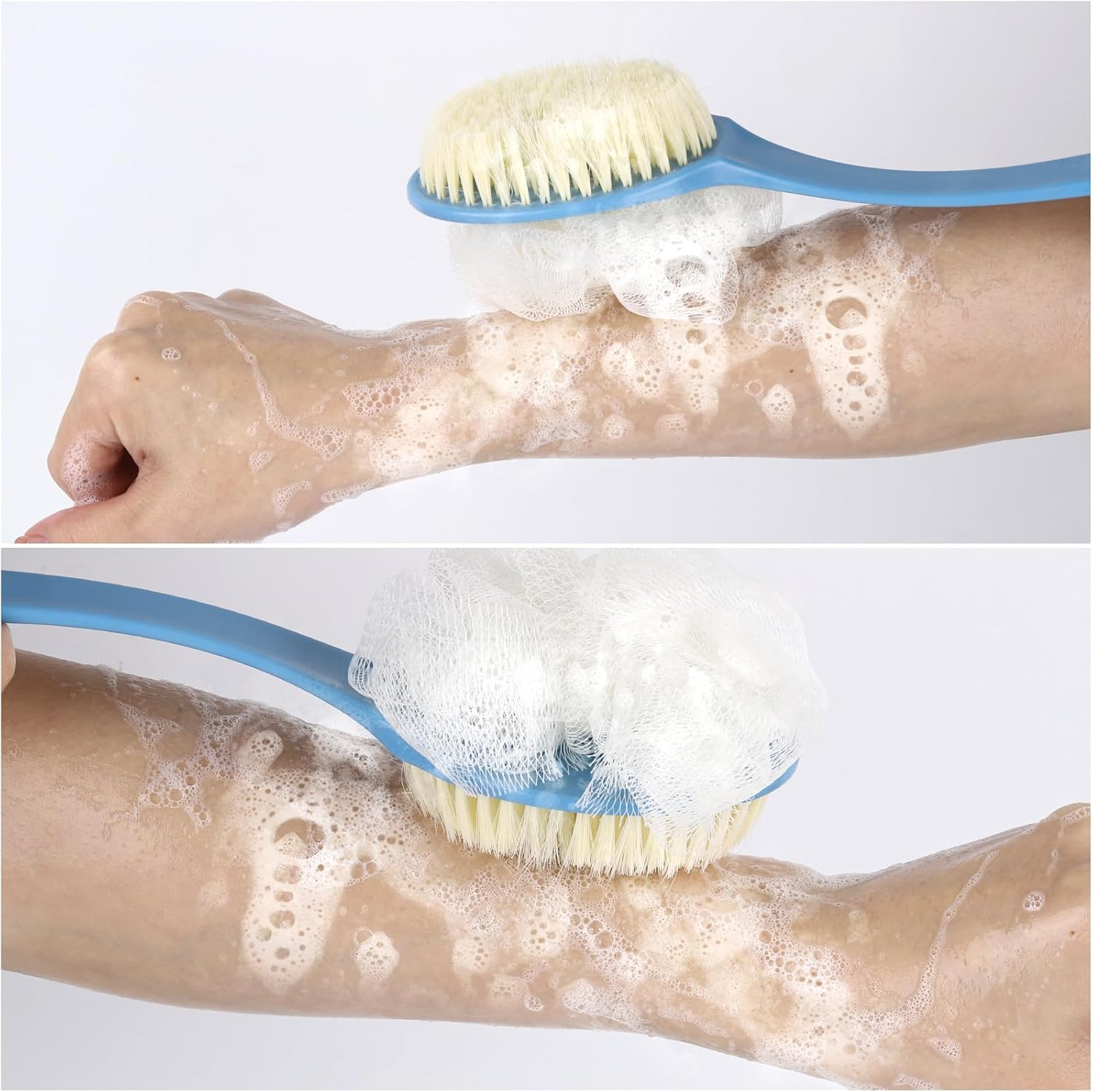 Long Handle Body Shower Brush with Soft Bristle and Exfoliating Loofah Bath Sponge - 13.4 Inches Blue Back Scrubber for Adults Bathroom Accessories image number 6