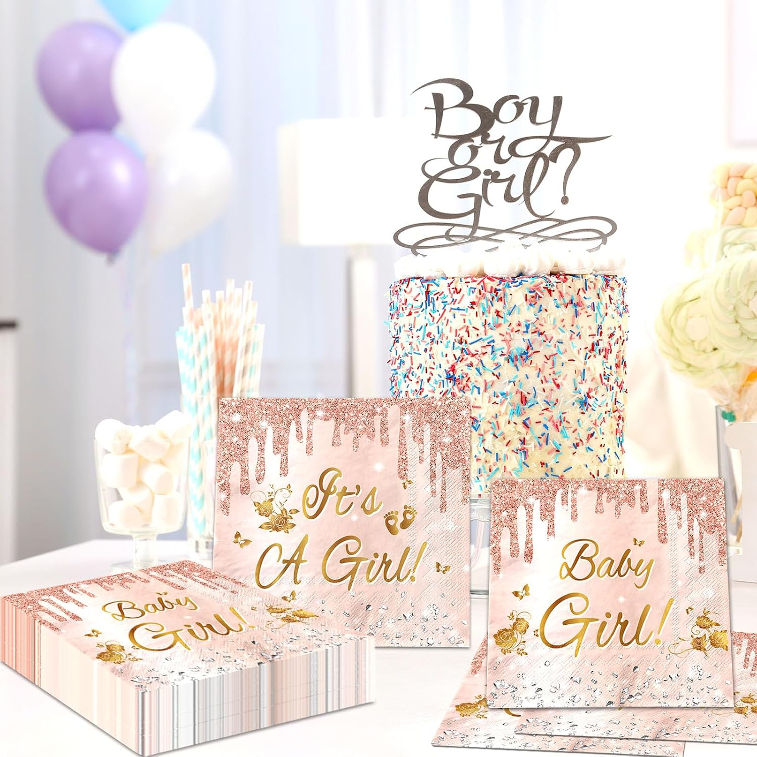 Juweked 40Pcs Pink and Gold Baby Shower Napkins for Girl It'S a Girl Napkins Baby Shower Tableware Girl Baby Girl Shower Napkins Gender Reveal Napkins Pink Baby Shower Decorations image number 6