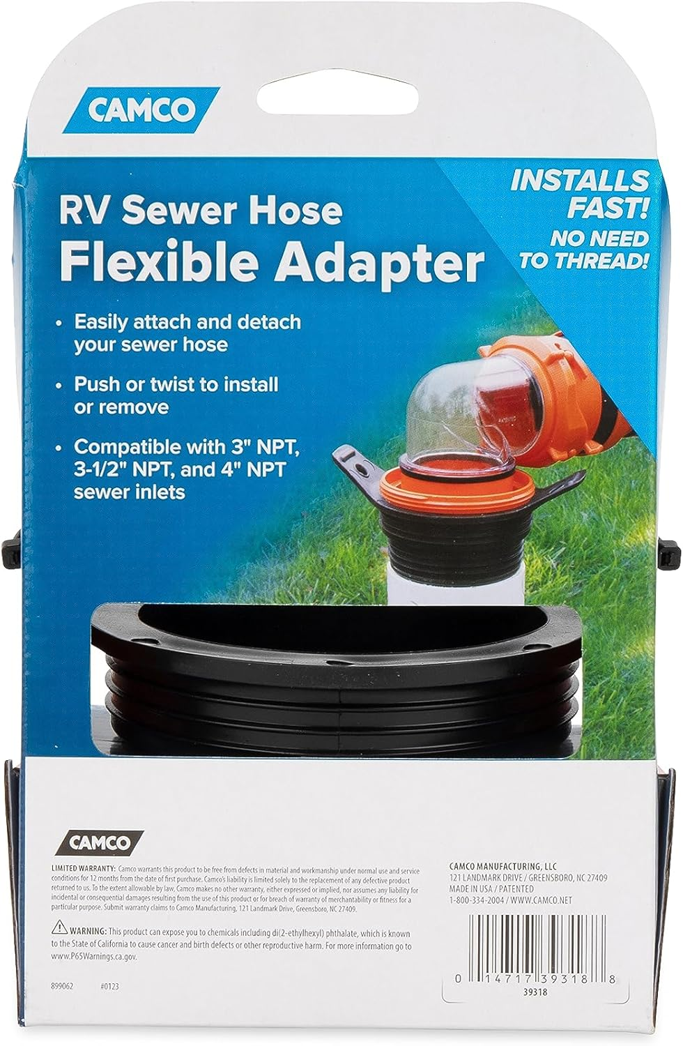 Camco Flexible 3-In-1 Sewer Adapter Hose Seal -Flexible Fitting That Makes Connection to a Sewer Inlet Simple and Less Hands On! (39318), Black image number 2