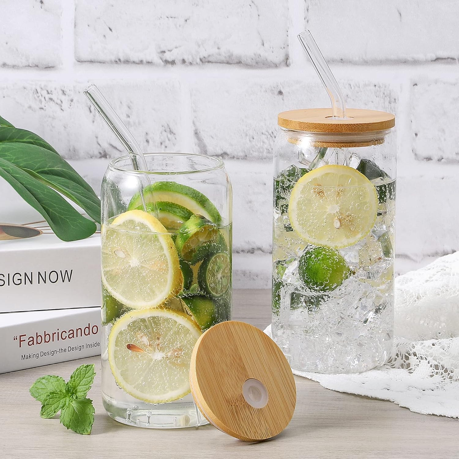 PUPUBLUE 4Pcs Glass Cups with Bamboo Lids and Glass Straws, 16Oz Drinking Glasses Can Shaped Glass Cups, Beer Glasses, Iced Coffee Glasses, Ideal for Whiskey, Gift, Wine, Cocktail- 2 Cleaning Brushes