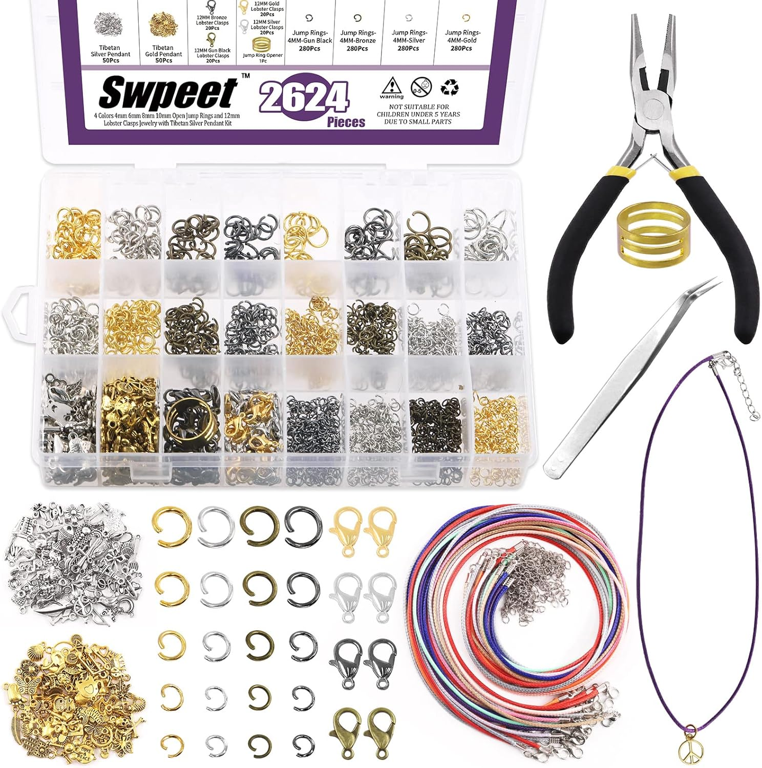 Swpeet 2724Pcs 4Mm 5Mm 6Mm 8Mm 10Mm Open Jump Rings and Lobster Clasps with Jewelry Repair Tools Assortment Kit, Including Waxed Necklace Cords, 12Mm Lobster Clasps, Tibetan Silver Pendant image number 1