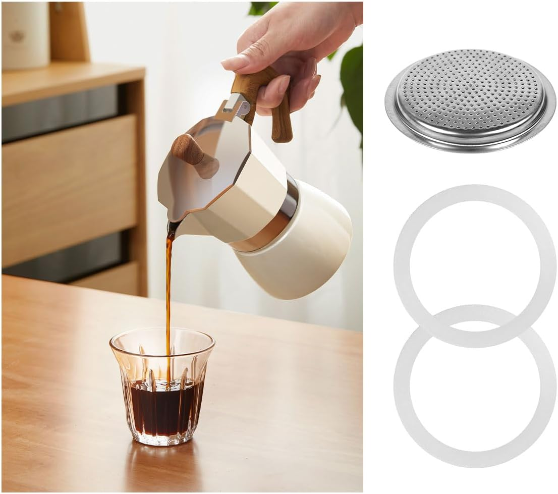 Stainless Steel Moka Pot 4 Cup Filter Screen and Replacement Silicone Gasket Seals Set for Stovetop Espresso Coffee Makers image number 4