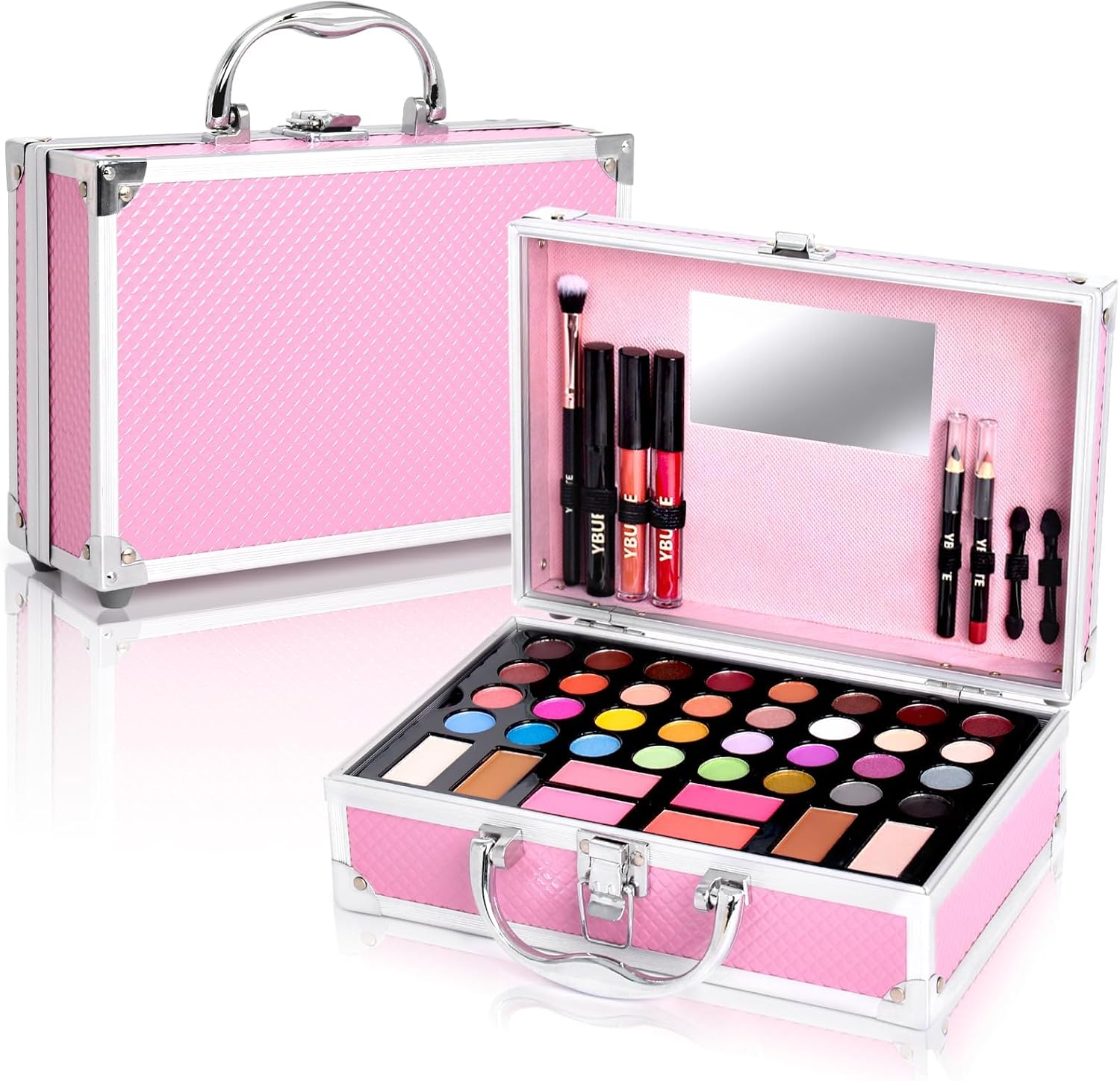 Beginner Makeup Kit for Teen,Makeup Set for Girl Women,Beginner Makeup Kit with Cosmetic Train Case Included 32 Colors Eyeshadow Blush Contour Lip Gloss Lip Liner Mascara Eyeliner Mirror