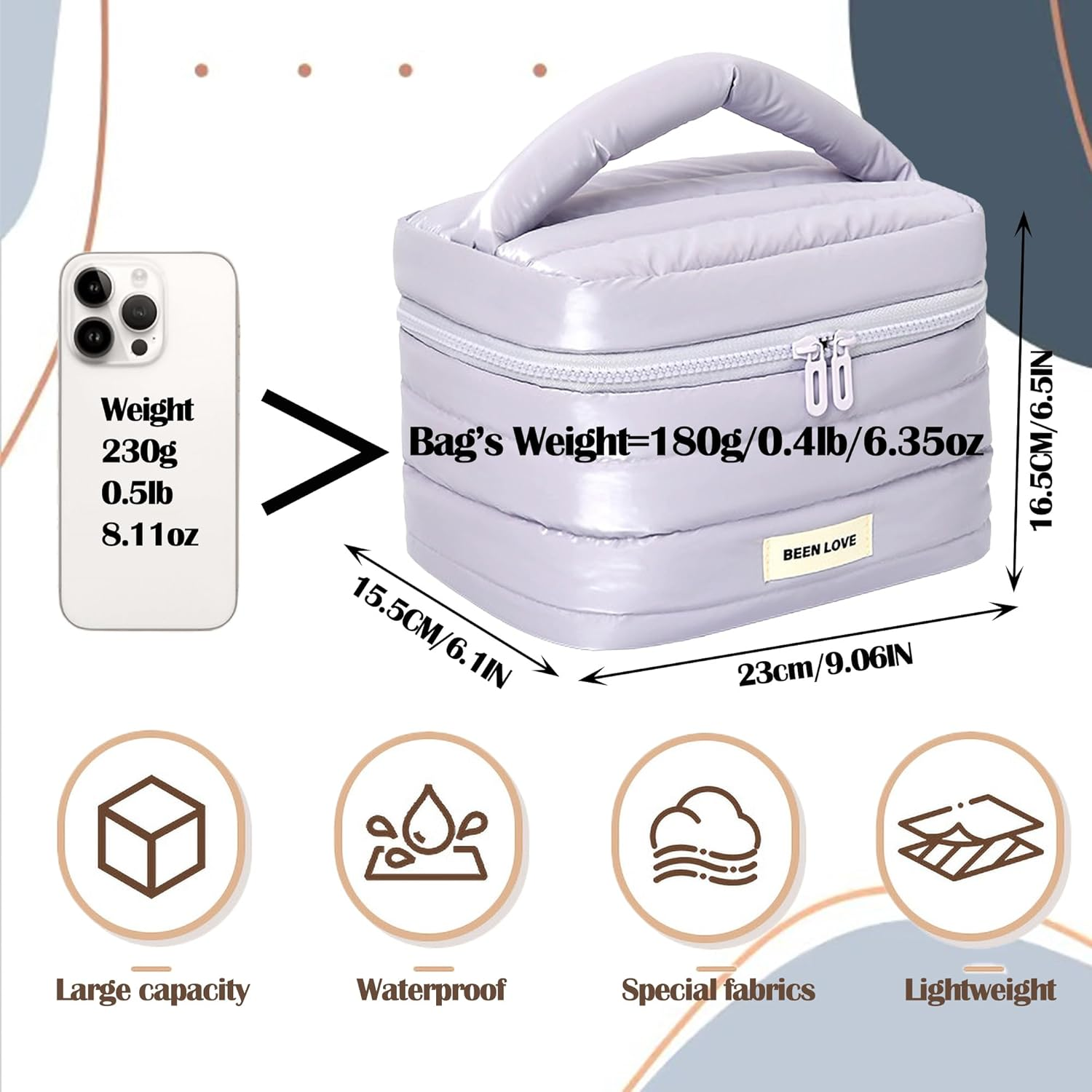 Cute Large Capacity Makeup Quilted Bag for Women&Girls/Down Jacket Waterproof Fabric/Makeup Brush/Cosmetic Bag/Toiletry Bag/Travel Case/Zipper Organizer Bag/Wide Open image number 1