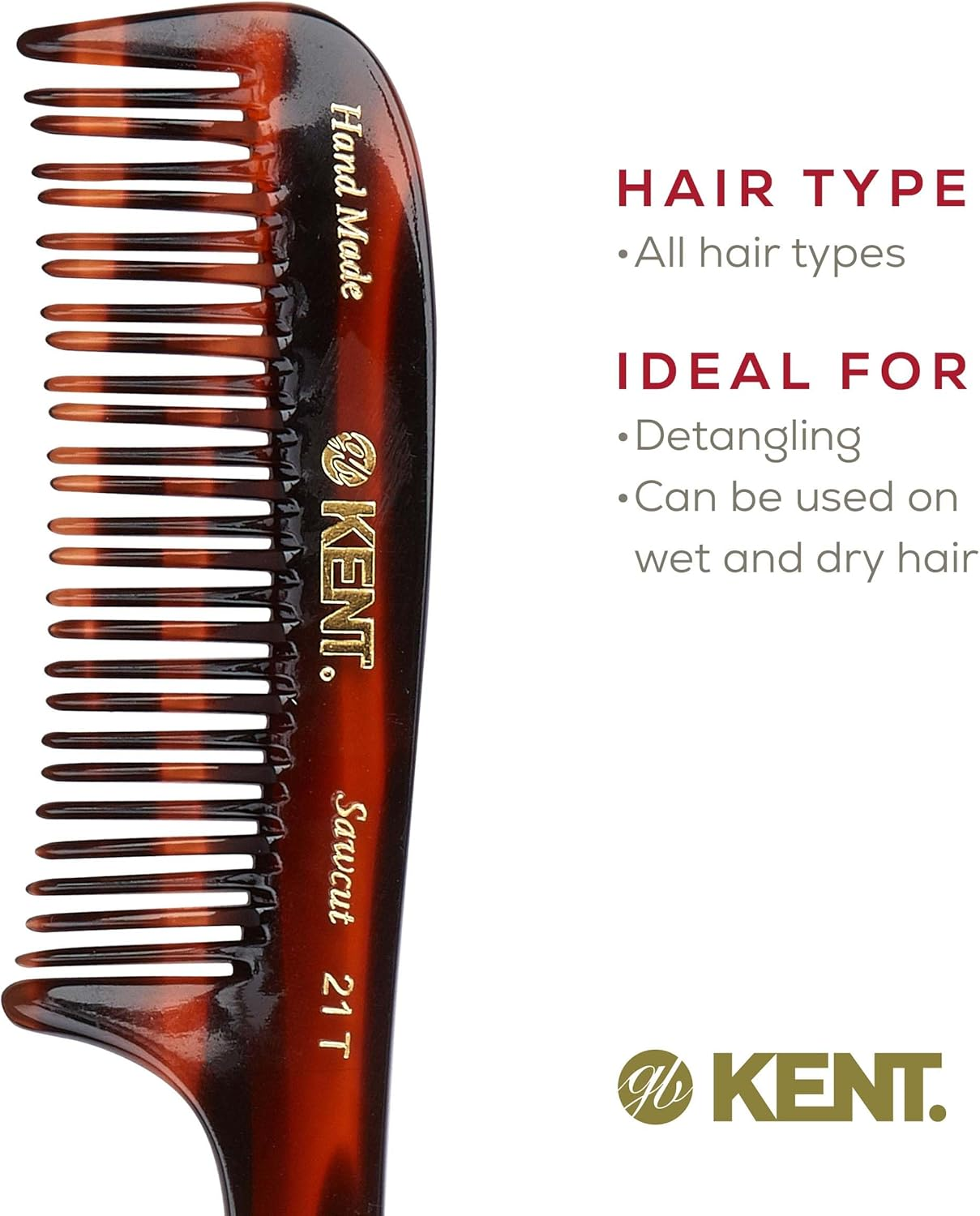 Kent 21T Large Hair Detangling Comb, Double Teeth Wide Tooth Comb for Curly Wavy Hair, Saw-Cut and Handmade (7.5")