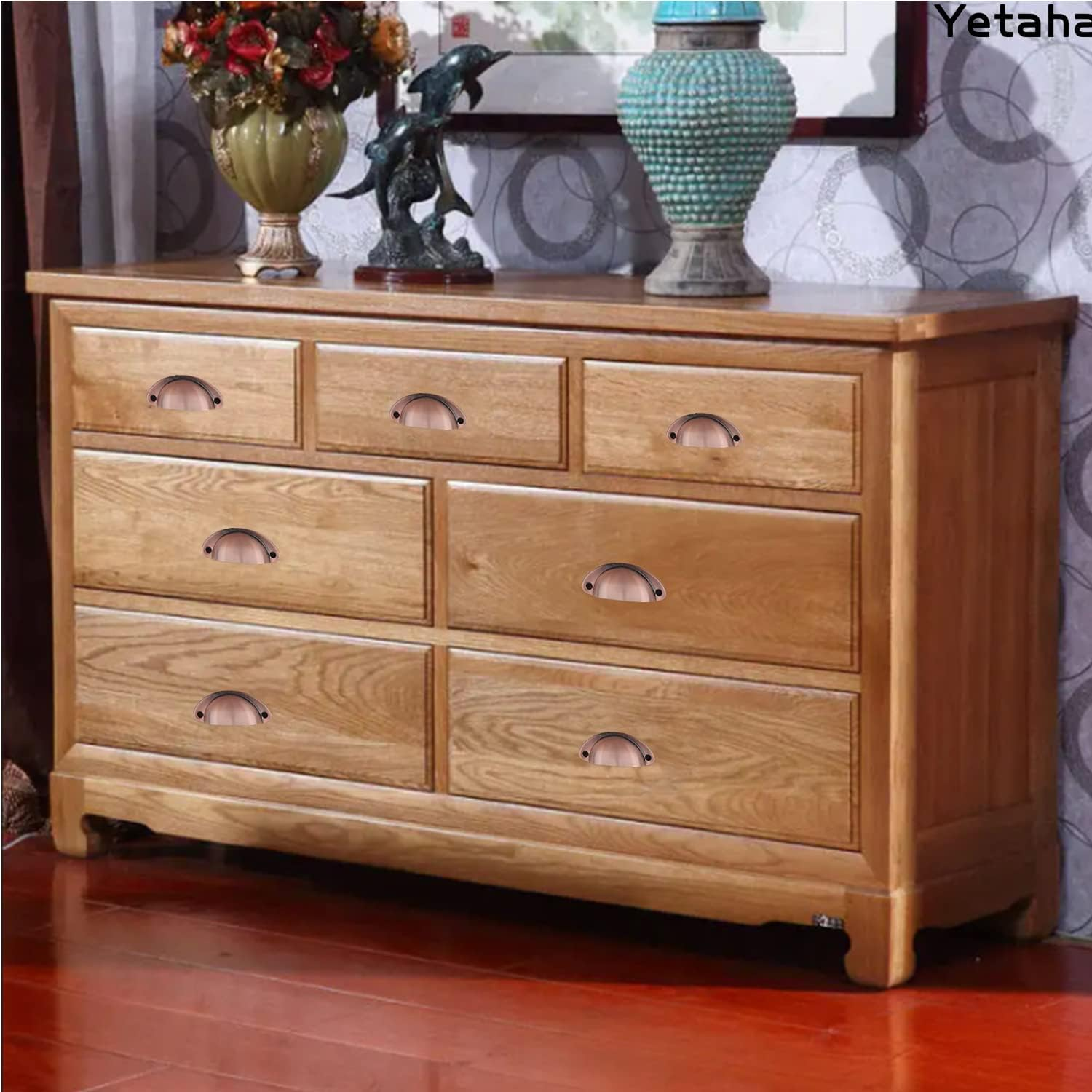 Yetaha Copper Cup Handles, 10PCS Cabinet Cup Pull Handle, Retro Shell Cup Handles, 82X35Mm Vintage Kitchen Cupboard Pulls Furniture Knob with Screws Suitable for Drawer Dresser, Door (Red Copper)