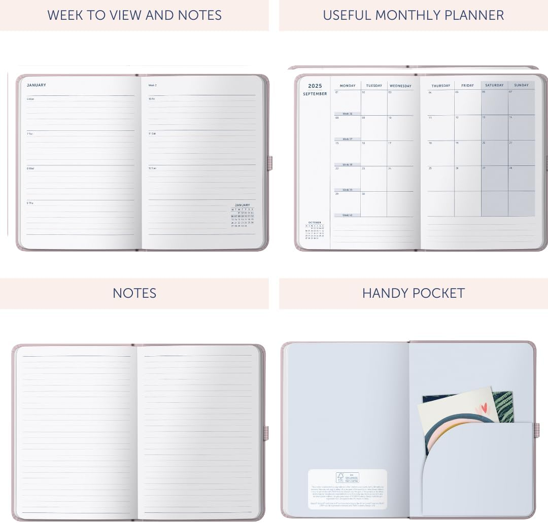 Busy B A5 Weekly Planner Diary 2025 - Compact Diary for Students, Teachers, Work & More with a Week-To-View Layout, Notes Pages, Storage Pocket & Elastic Closure Band - Pink Planner Jan-Dec image number 4