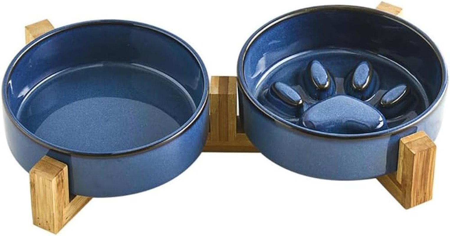 HYAVIA Ceramic Dog Bowl Set with Wooden Stand &ndash; 450 ML Non-Slip Food & Water Bowls for Small and Medium Dogs & Cats, Matte Glaze, Raised Slow Feeder Dish to Prevent Choking (Blue) image number 3