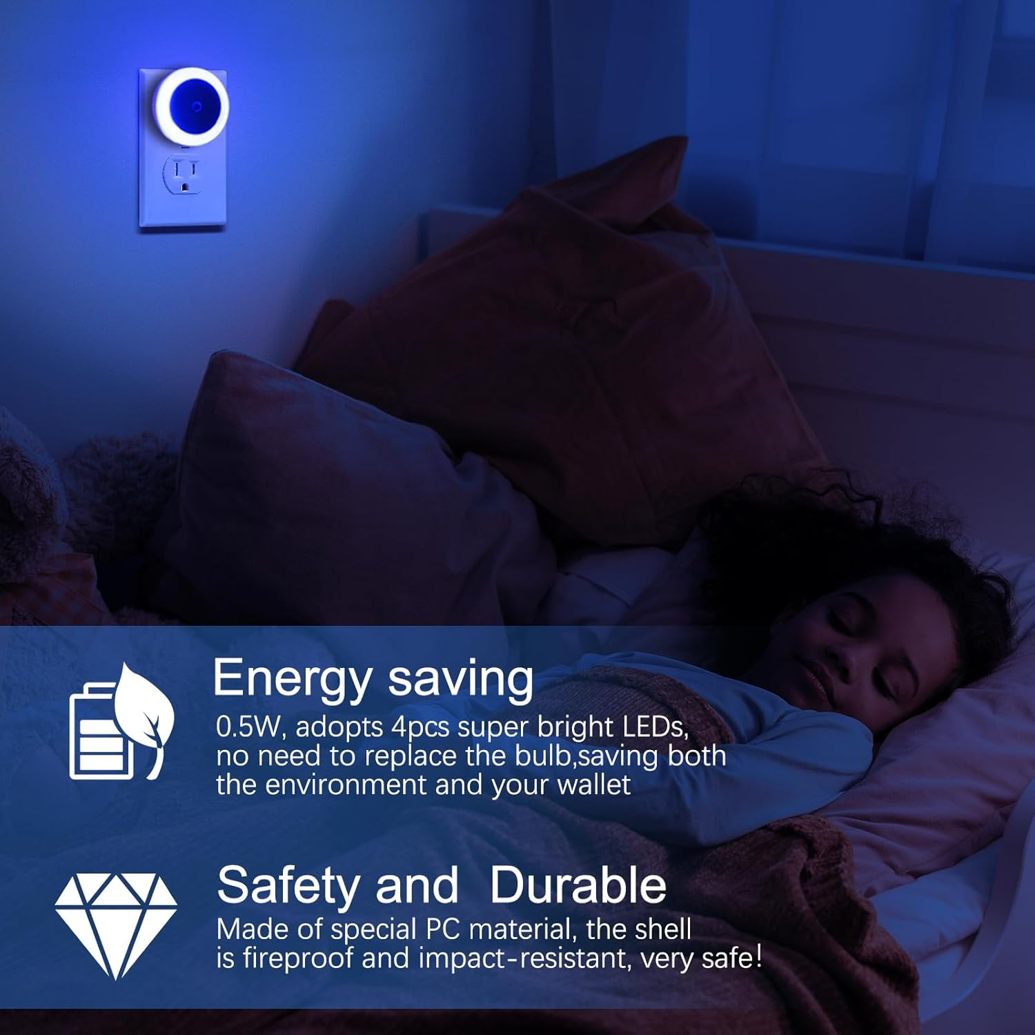 VIPMOON 4Pack Plug in Night Light, Auto Dusk to Dawn Sensor, Indoor Kid Baby Night Light Sensor, Auto LED Night Lights for Bedroom, Bathroom, Wall, Stairs, Cabinet, Hallway. AU Plug Blue image number 2
