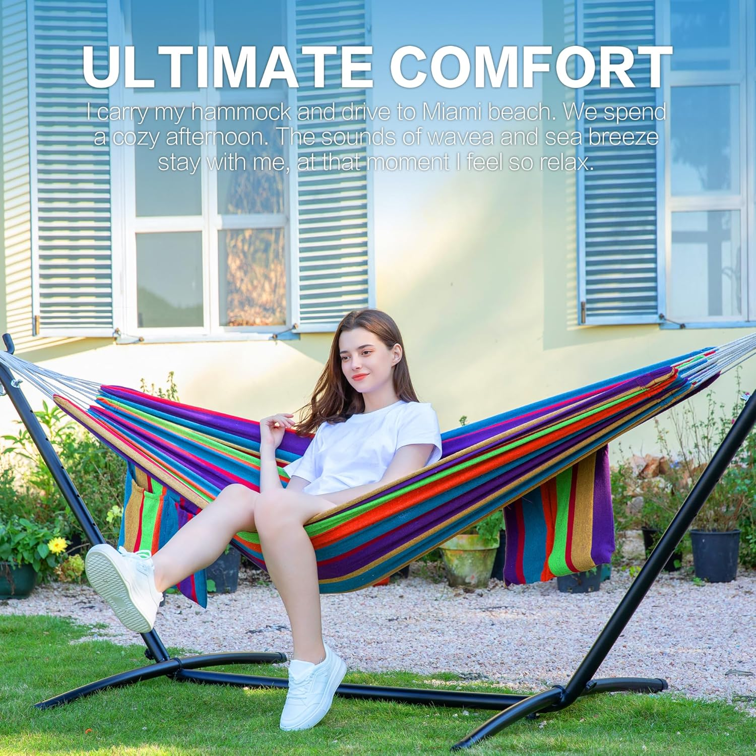 PNAEUT Double Hammocks with Stand for Outside, Portable Space Saving Heavy-Duty Steel Stand for Indoor Outdoor Patio, 450 Lbs Capacity (Tropical) image number 2