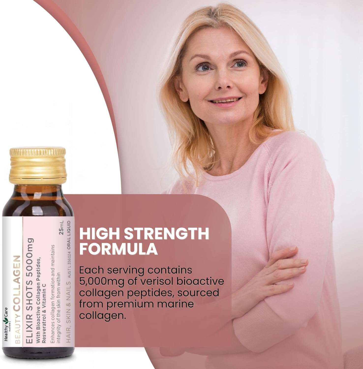 Healthy Care Beauty Collagen Elixir Shots - Enhances Skin Elasticity, Supports Hair and Nail Growth - Premium Dietary Supplement - Infused with Verisol Collagen, Resveratrol & Vitamin - 5000 Mg image number 5