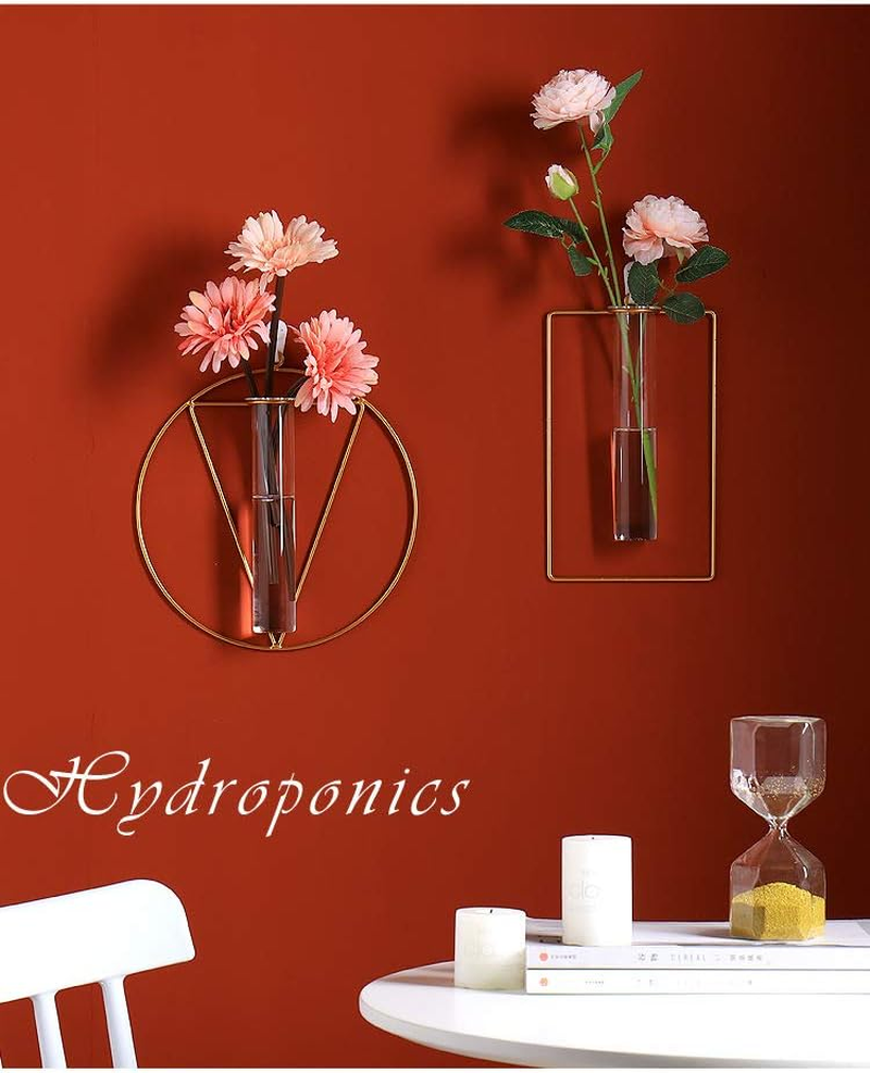 Nordic Hanging Wall Vase Geometric Gold Vase Metal Glass Vase Hydroponic Flower Vase Decorative for Centerpieces Farmhouse Wedding Home(Gold-R)