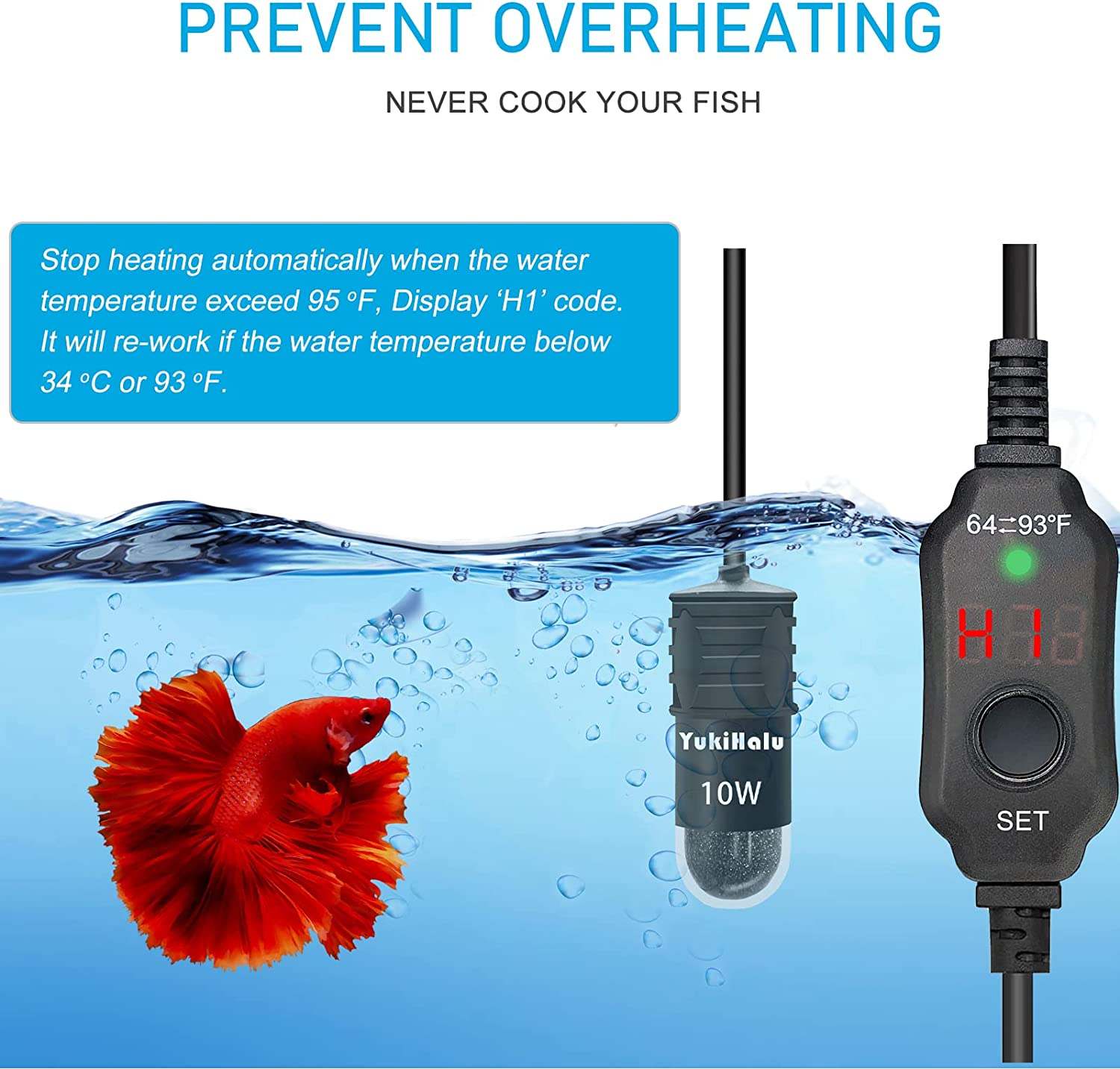 Yukihalu USB Powered Submersible Aquarium Heater, 10W/5V/2A Adapter, Mini Fish Tank Heater 10W with External Temperature Controller, LED Display, Used for 0.5-1 Gallon Tank (Without Adapter) image number 1