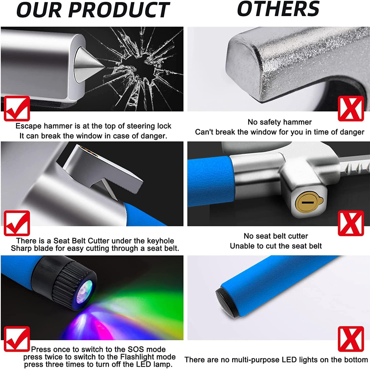 4-In-1 Steering Wheel Lock with Flashlight/Sos LED Ligth,Seat Belt Cutter,Escape Hammer,2 Keys Retractable Steering Lock,Vehicle Anti-Theft Lock，Universal for Auto/Truck/Suv/Van(Blue) image number 3