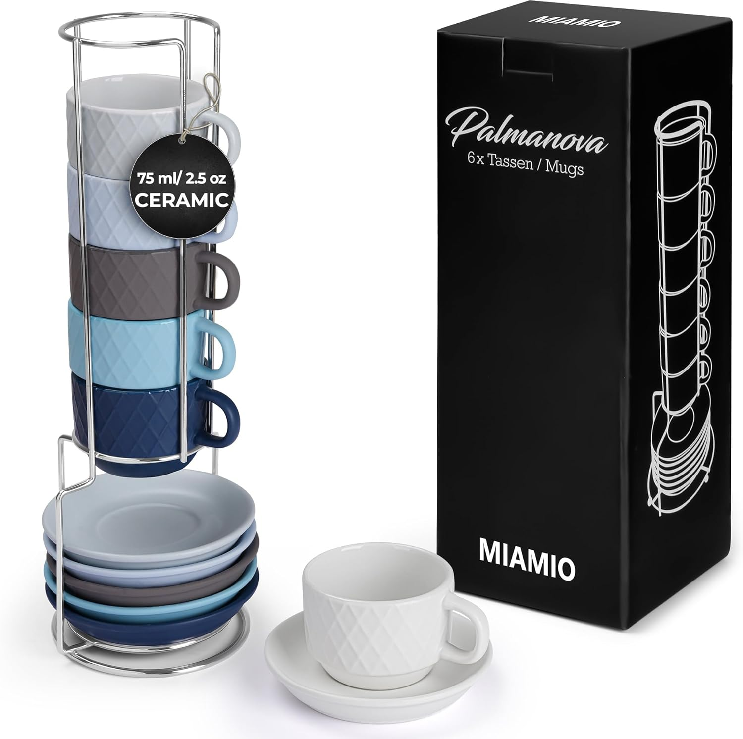 MIAMIO - 6 X 75 Ml Stoneware Espresso Mug, Cup Set Modern with Stand and Saucers - Palmanova Collection (Ocean Blue)