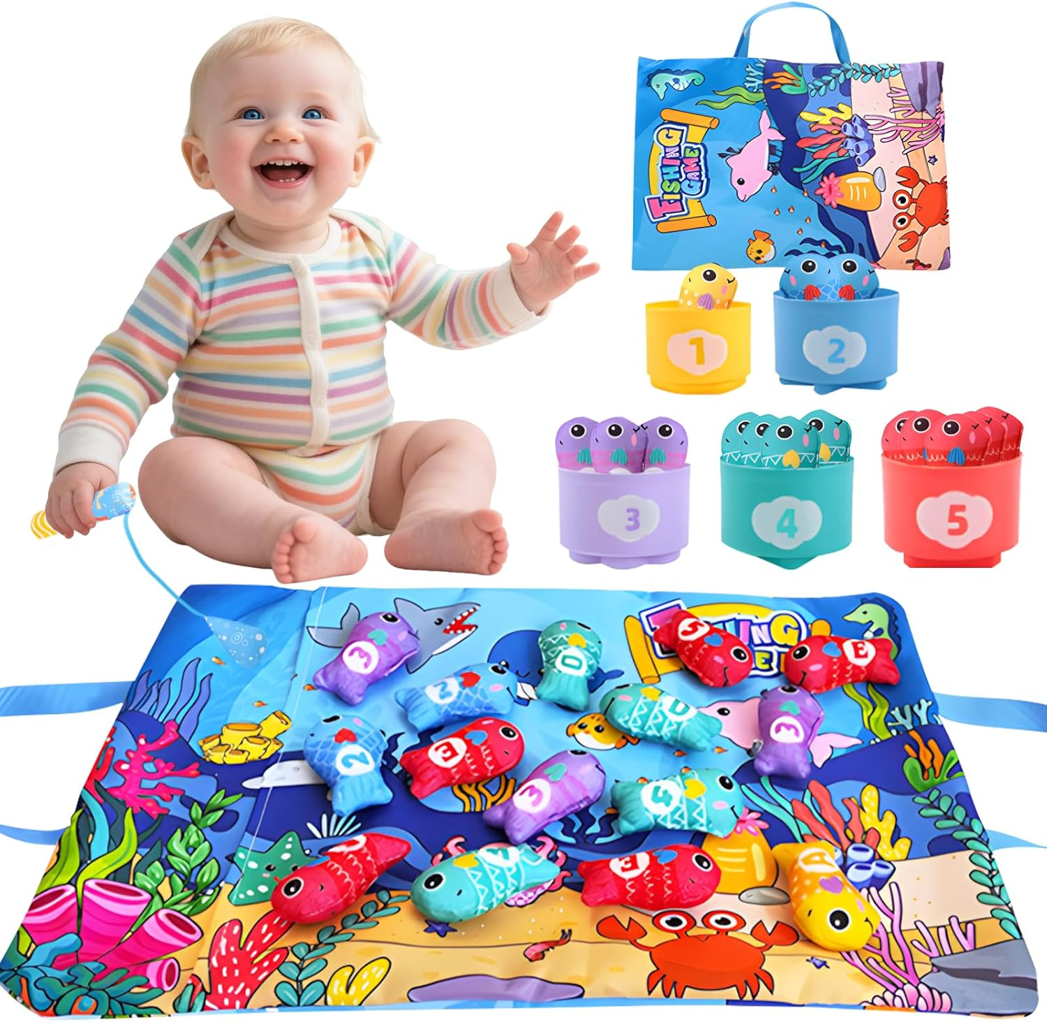 Montessori Toys for 1 Year Old,1-3 Year Old Boys Girls Gifts,Baby Toys 6-18 Months Cloth Fishing Game with Baby Stacking Cups,Number Counting,Color Sorting,Graphic Cognition,Mind Expansion image number 1