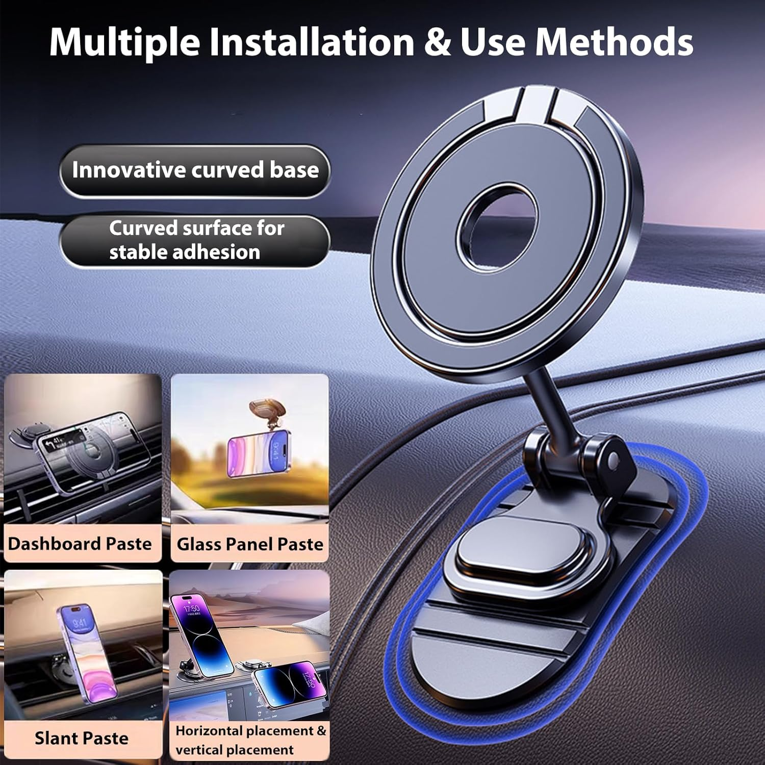 RUNGOS Double Strong Magnet for Magsafe Car Mount [360&deg;Flexible Rotation] [Super Stable Widened Base] Collapsible Magnetic Car Mount Phone Holder for Steering Wheel Dashboard, Mobile Phone Accessories image number 1