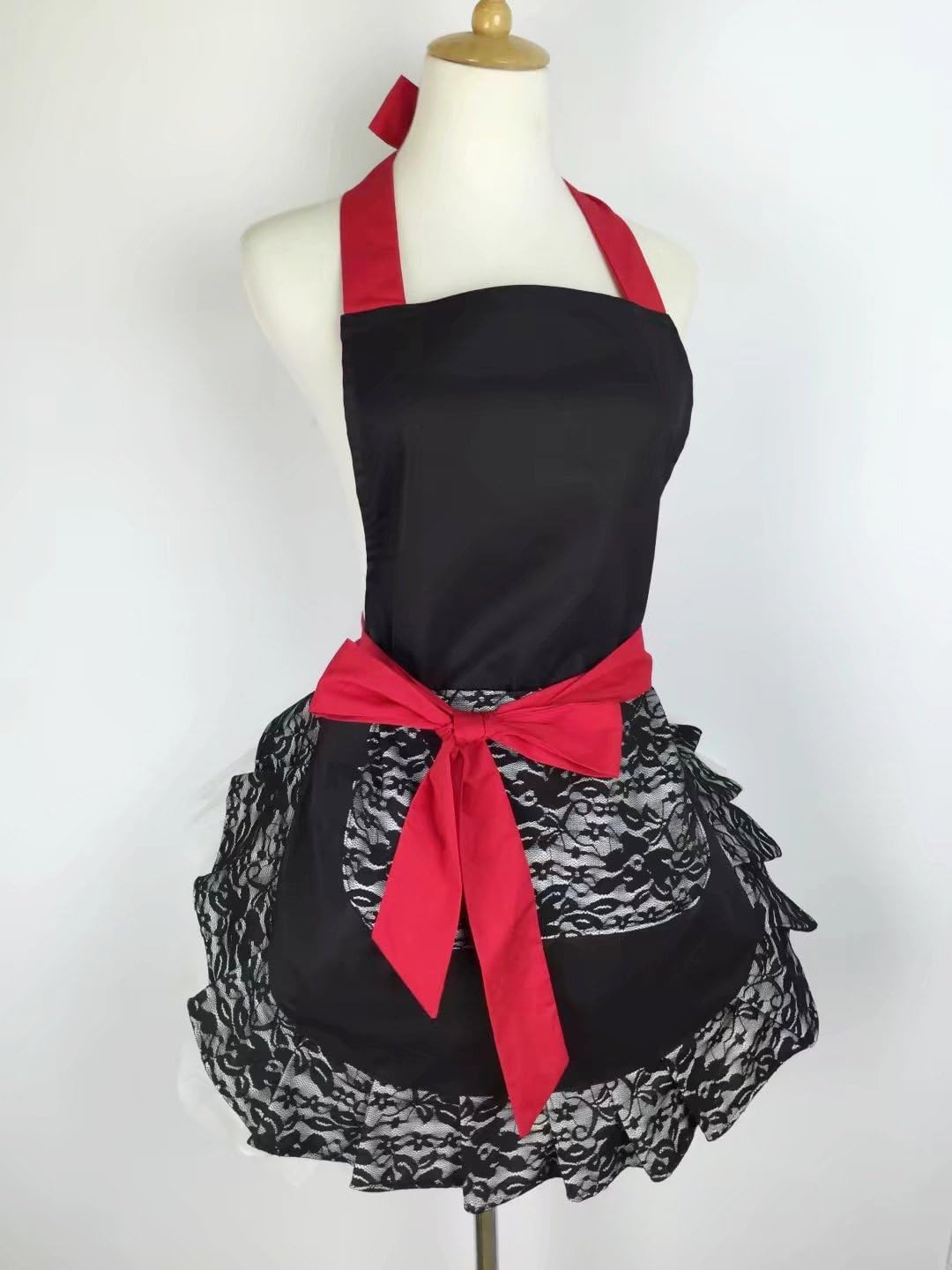 Hyzrz Cute Lace Flirty Apron with Pocket Fun Retro Sexy Cooking Aprons for Women Girls - Black image number 2