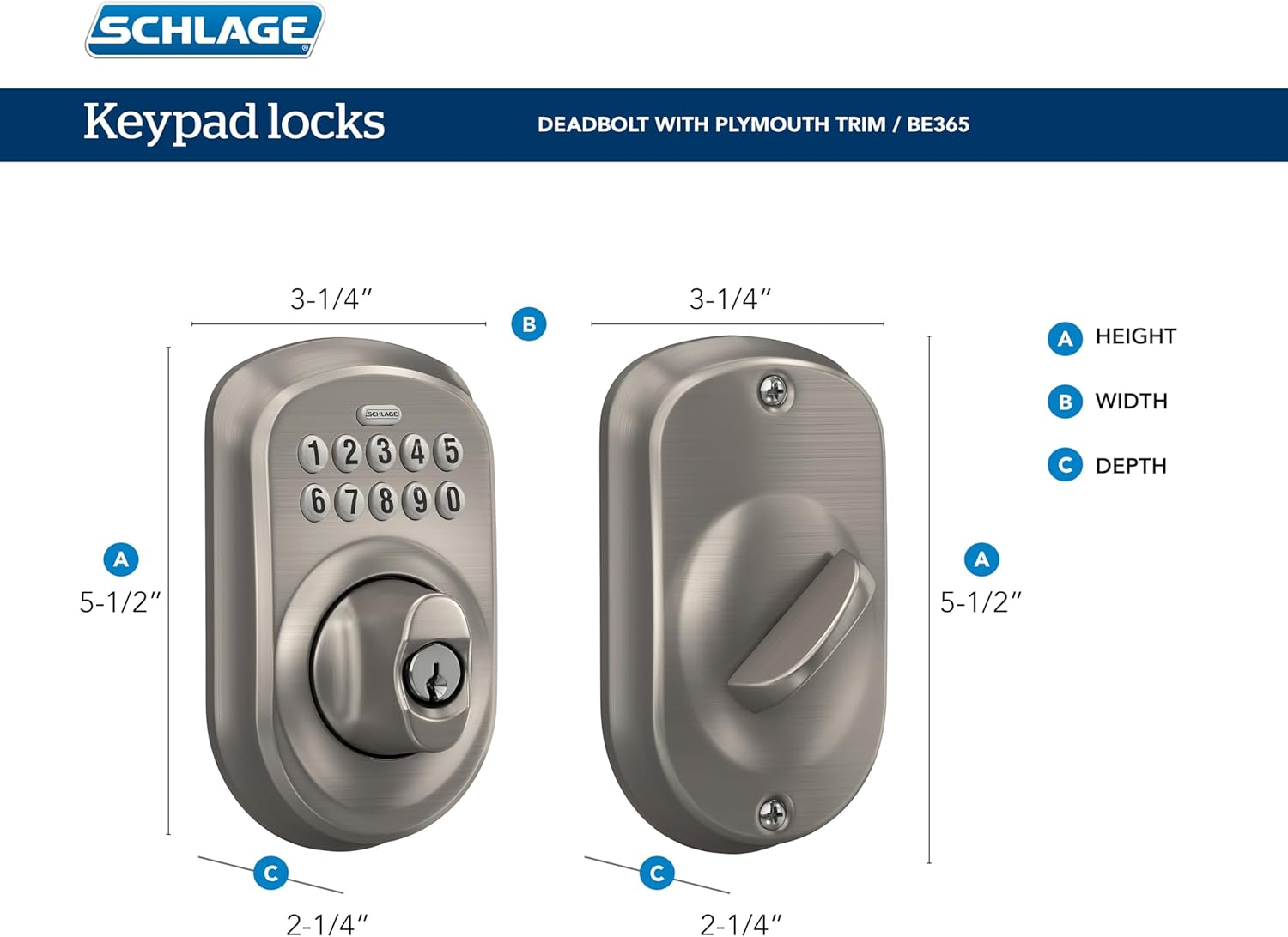 Schlage BE365 Plymouth Keypad Deadbolt, Satin Chrome image number 2