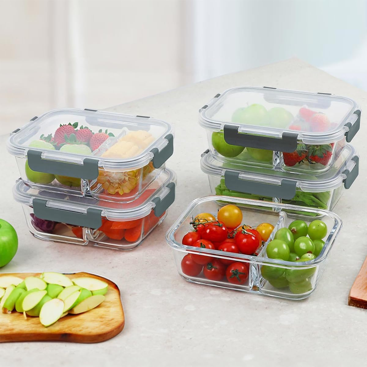 Glass Food Storage Containers,Glass Containers 10 Pack Pieces with Partitions(10 Containers & 10 Lids),Sealed Glass Meal Prep Containers 640 Ml,For Refrigerator, Microwave, Dishwasher