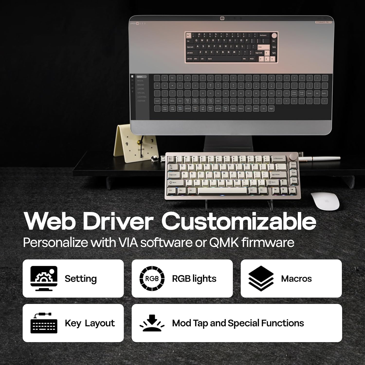 EPOMAKER P65 QMK/VIA Wireless Aluminum Gaming Keyboard, Gasket-Mount, Bluetooth/2.4Ghz/Usb(A to C), Hot Swappable, N-Key Rollover, for Mac/Pc/Ps/Xbox (Khaki, Zebra Switch) image number 6