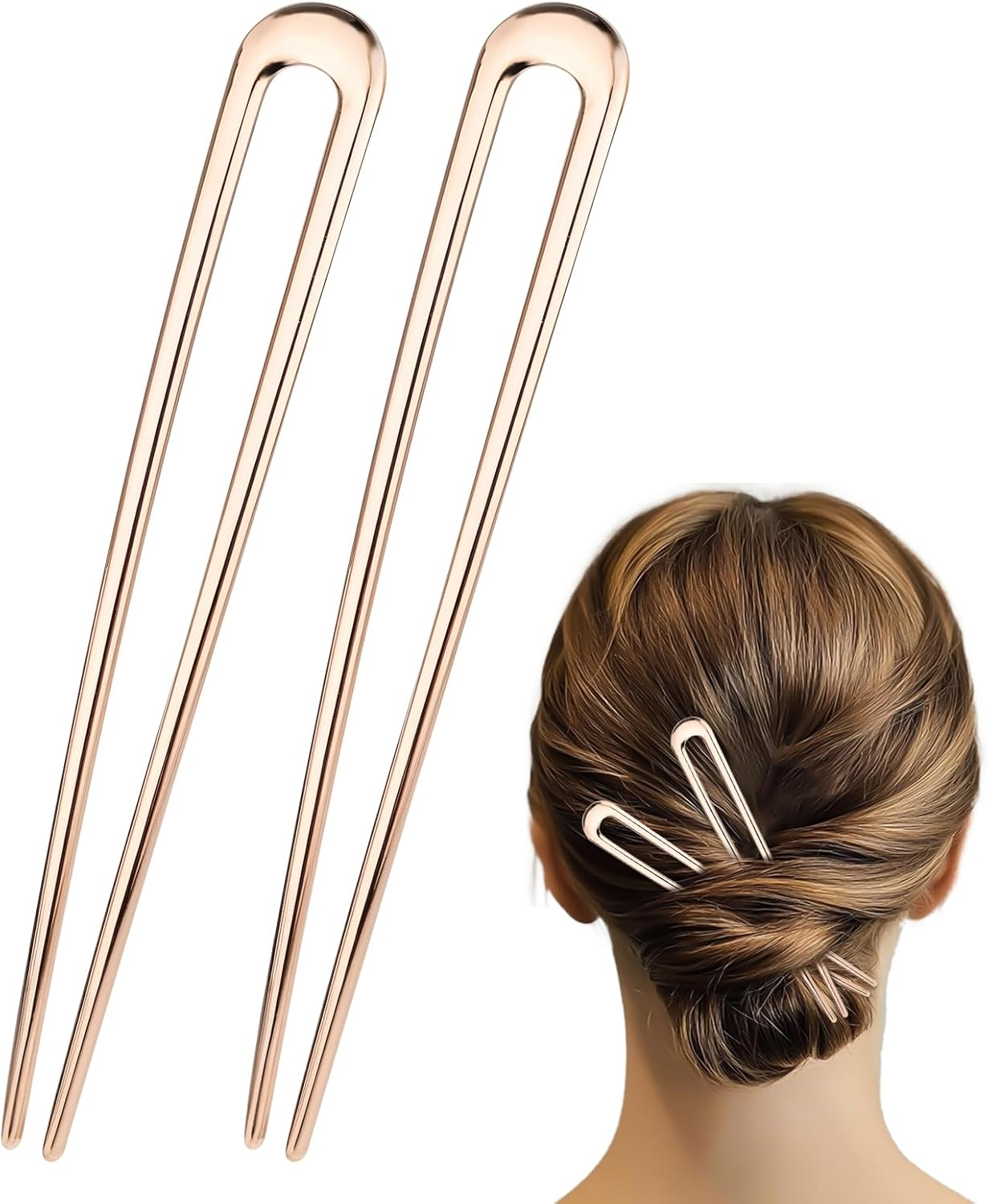 2PCS Large French Hair Pin Gold, 5.7 Inch U Shaped Hair Pins, Metal French Hair Pins Vintage French Twist Hair Pin Chignon Pin for Women Thick and Long Hair (Rose Gold)
