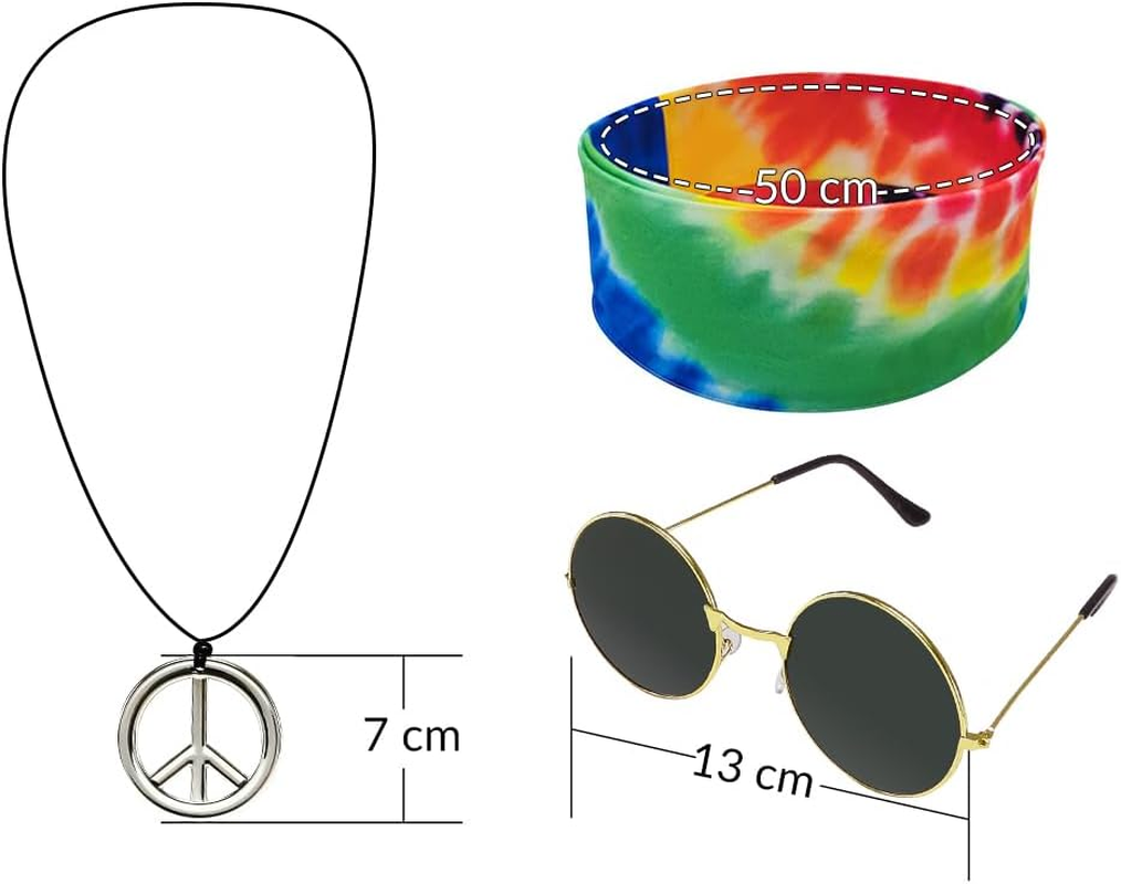 AUTOWT 4Pcs Hippie Costume for Men Women, 60S 70S Costume Accessories, Tie Dye Colorful T-Shirt Peace Sign Necklace Headband Sunglasses for Disco Outfit Cosplay Halloween Carnival Theme Party