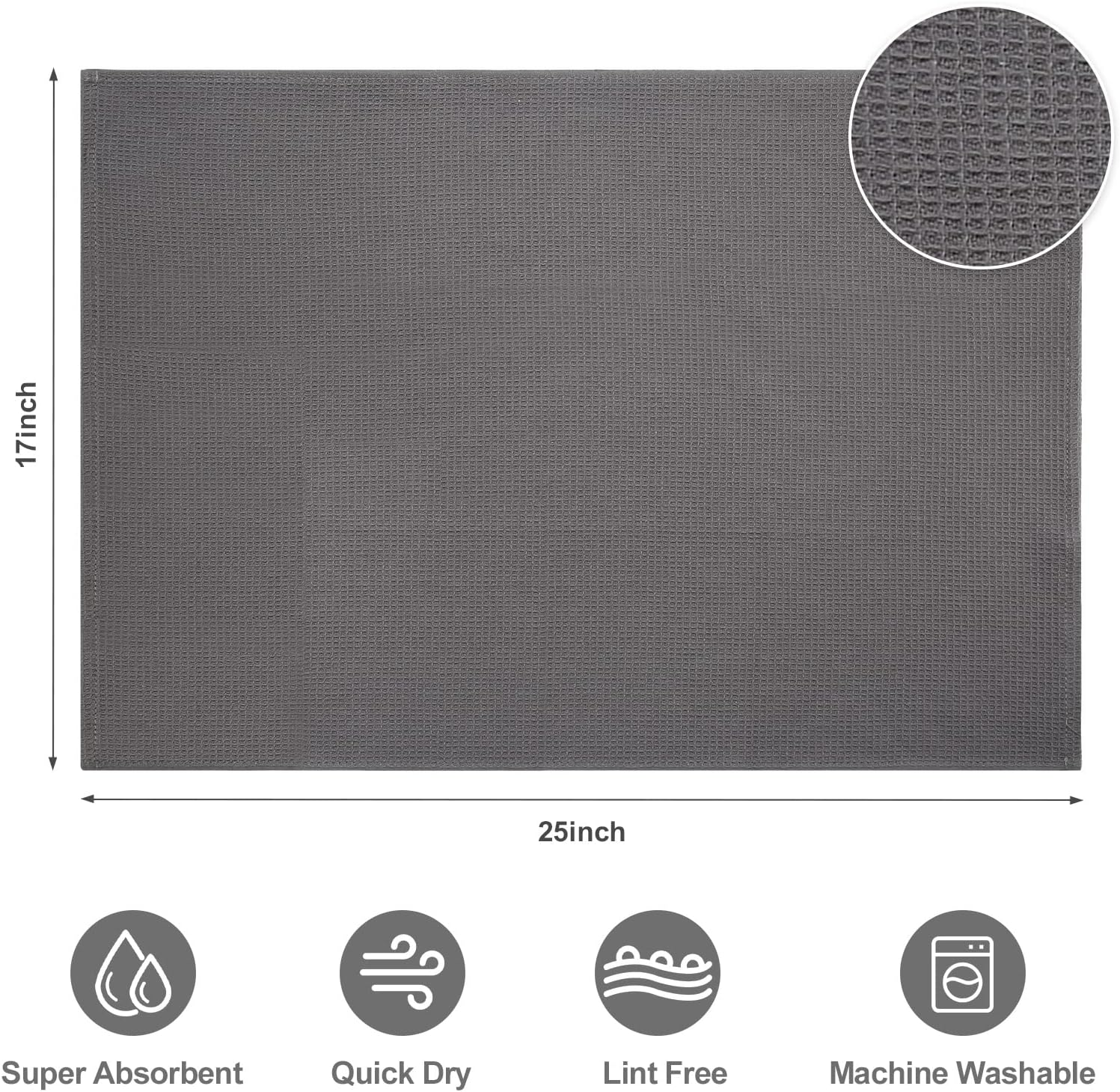 PY HOME & SPORTS 8 Pack Cotton Waffle Weave Kitchen Towels 17 X 25, Super Absorbent Kitchen Hand Dish Cloths for Drying and Cleaning (Dark Grey) - Dark Grey image number 3