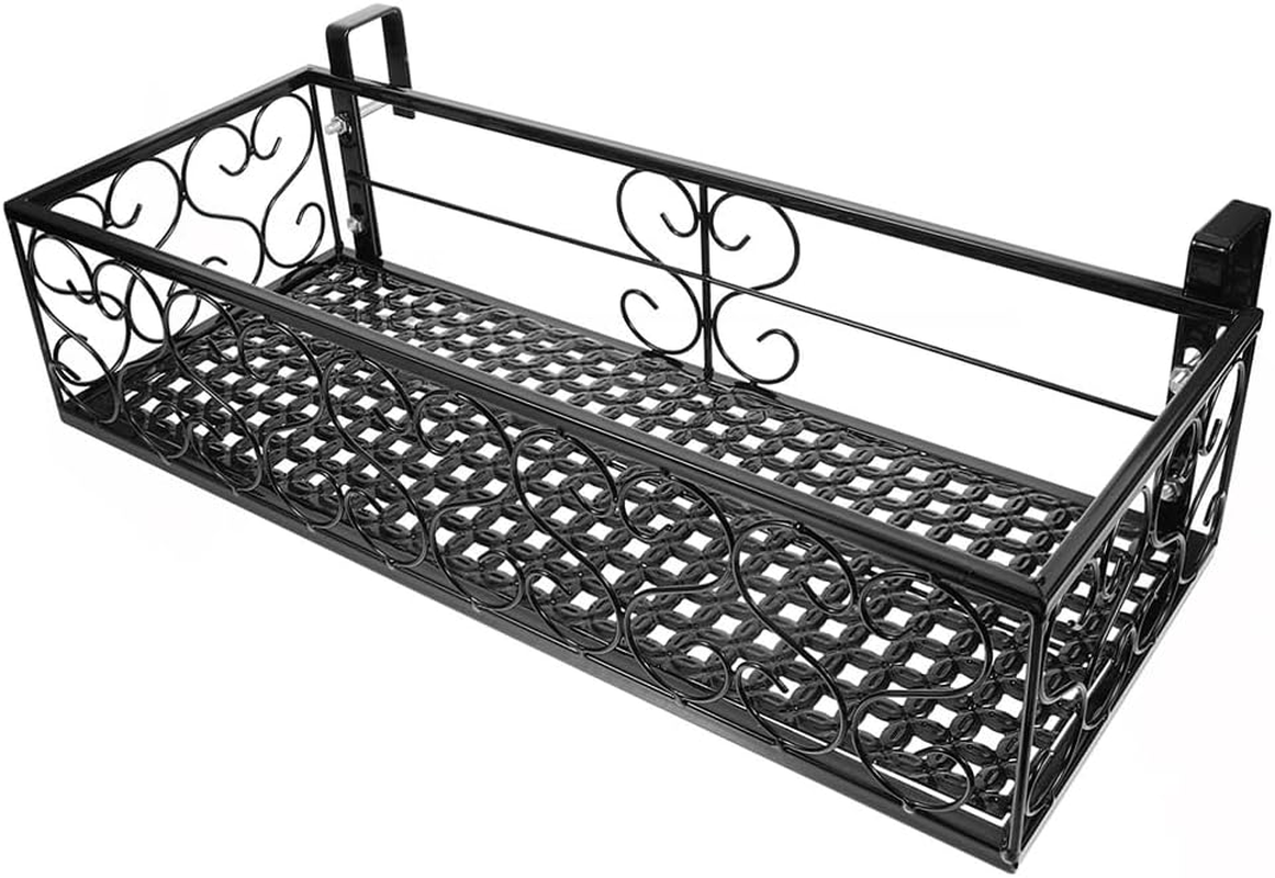 Plant Stand, Metal Hanging Basket, Portable Fence Planter Tray, Small Flower Pot Holder, Flowerpot Holder with Hooks, Storage Rack for Indoor Outdoor Use (Black, 30 * 20 * 11.5 CM) ﻿ image number 4