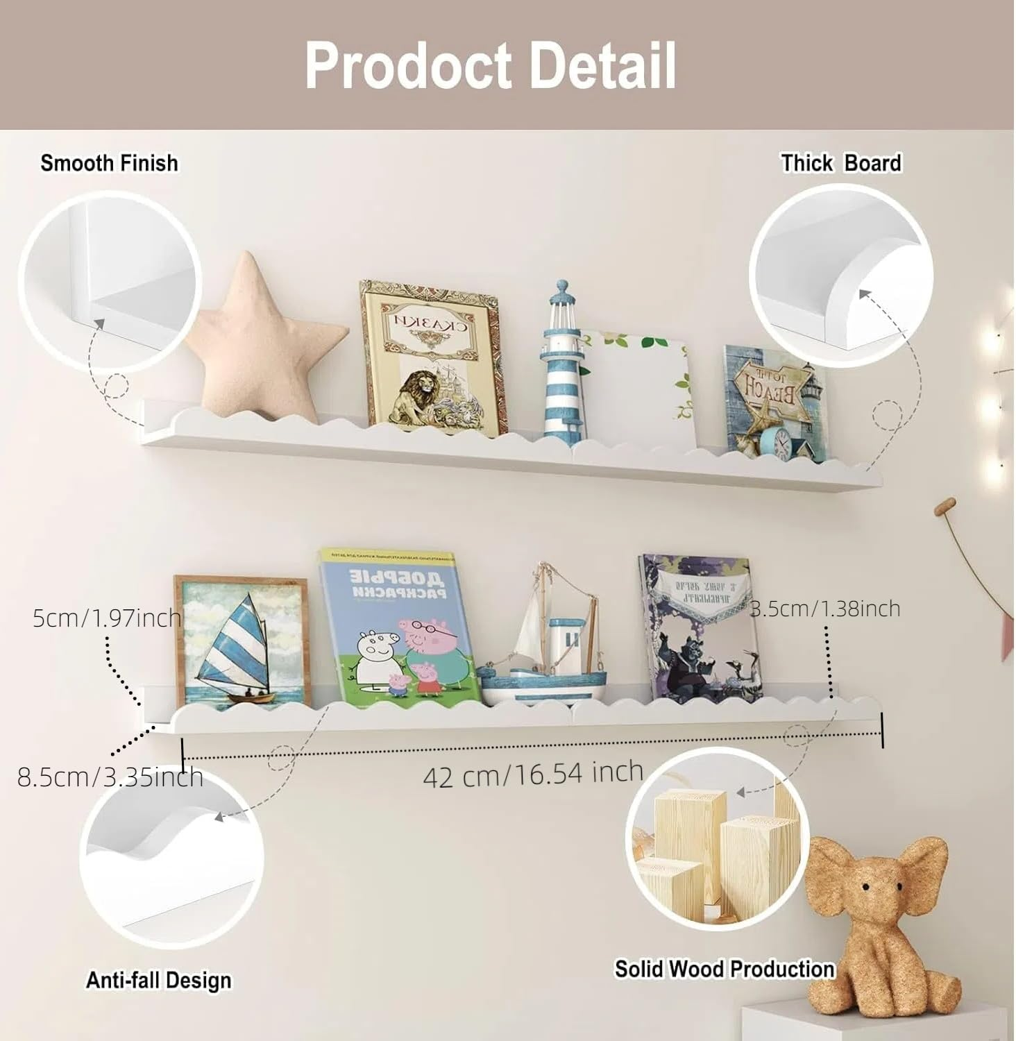 Kids Nursery Bookshelves, 4 PCS White Floating Book Shelves, Picture Ledge Shelf for Wall Decor and Storage - Perfect for Books, Toys, Photo Frames, and Nursery D&eacute;cor (Black)（16.5 * 3.34 * 1.97''）