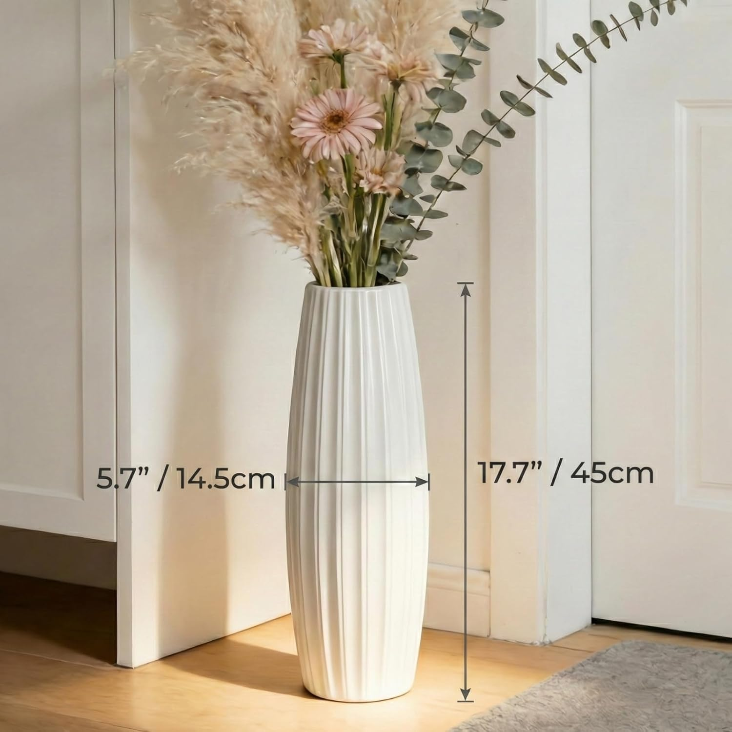 White Ceramic Vase, 17.7" Tall Floor Vase Large Flower Vase Decorative Vases for Modern Home Decor Living Room Office Bedroom Table Centerpieces Shelf Kitchen Wedding Farmhouse D&eacute;cor image number 4