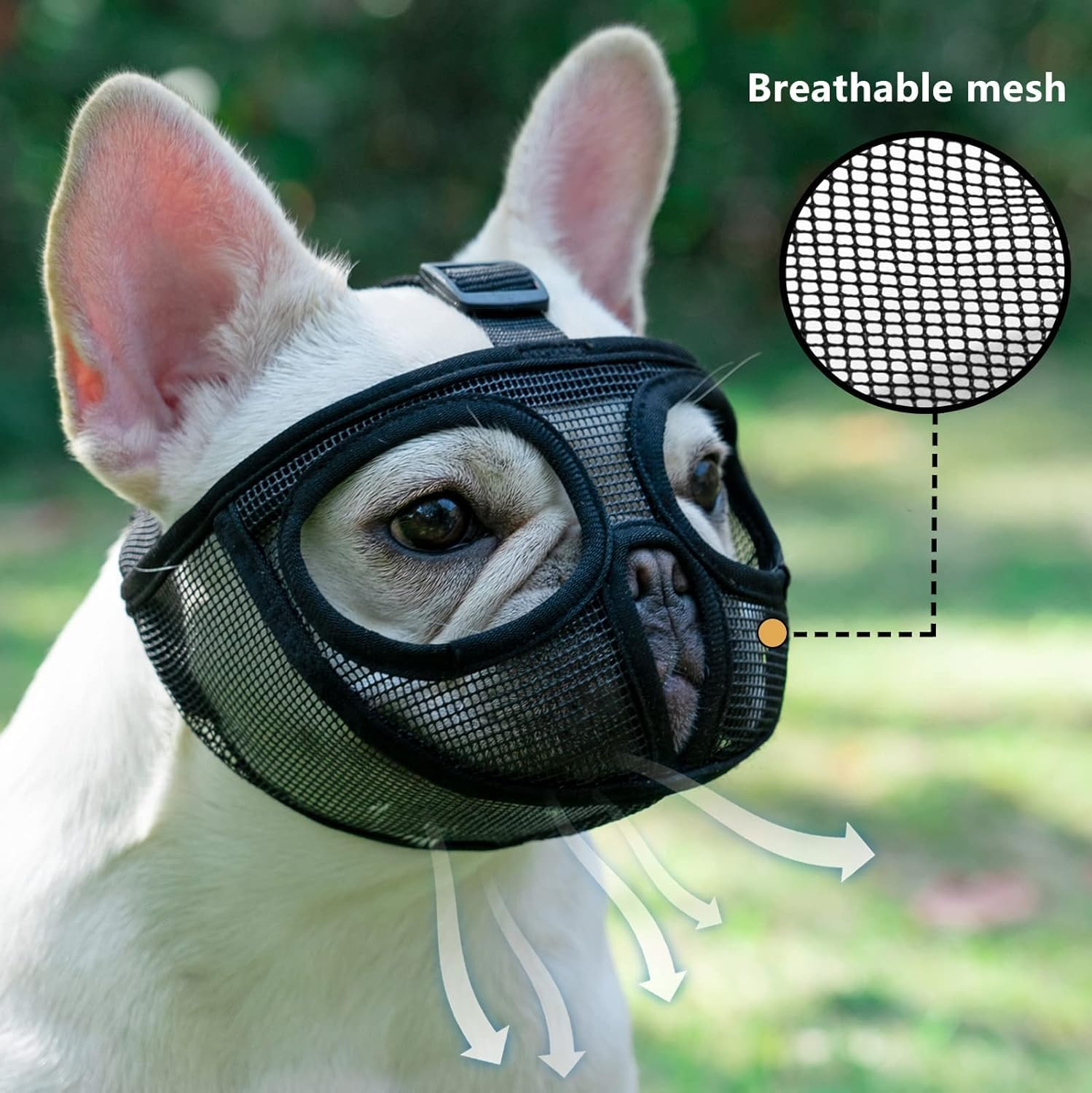 Short Snout Dog Muzzle, Adjustable Won&rsquo;T Cover Eyes Mesh Bulldog Muzzle for Biting Chewing Licking (Black, M) image number 1