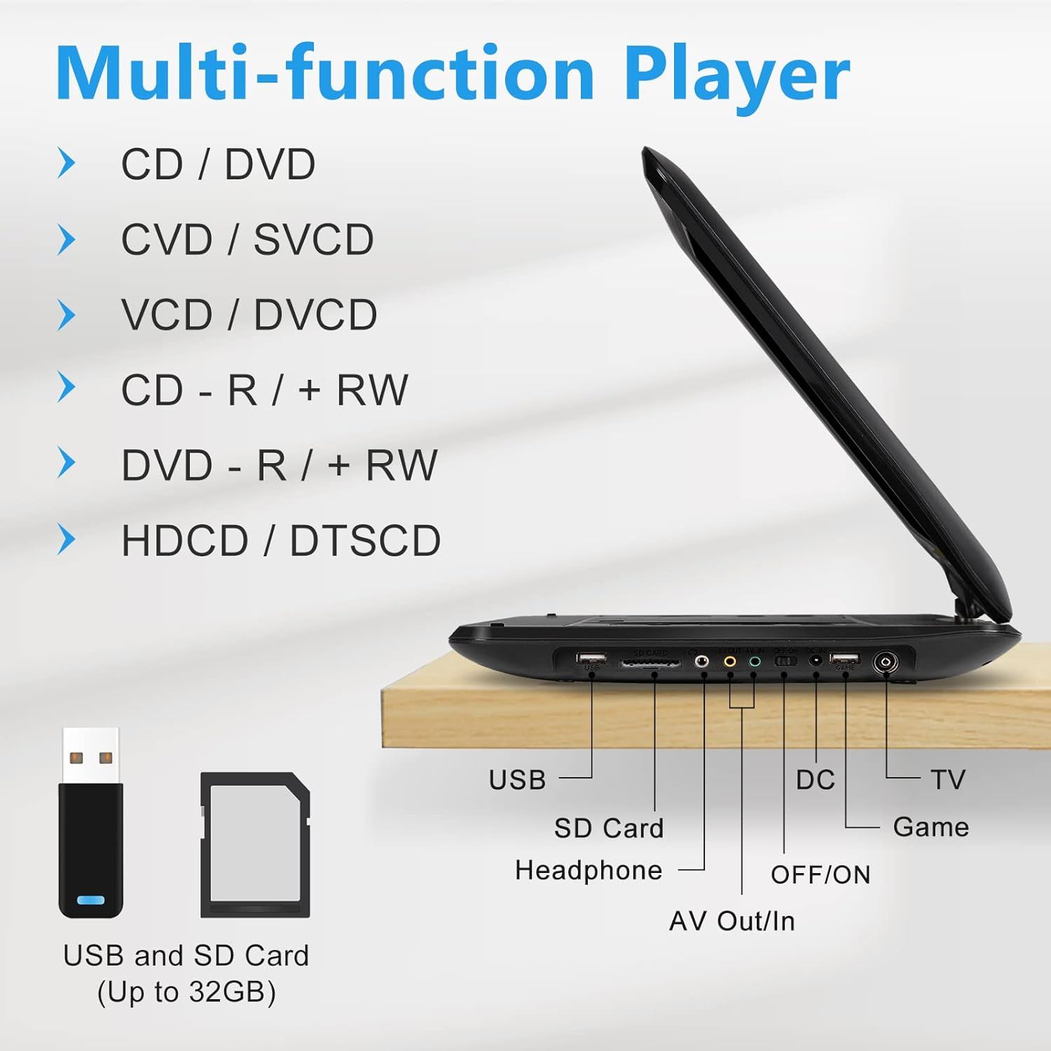 16.9'' Portable DVD Player with 14.1&rdquo; HD Large Swivel Screen, DVD Player Portable with Screen Buttons for Easy Control, 6 Hrs Battery, Car Charger, Region Free, Support USB/SD Card, Black image number 5
