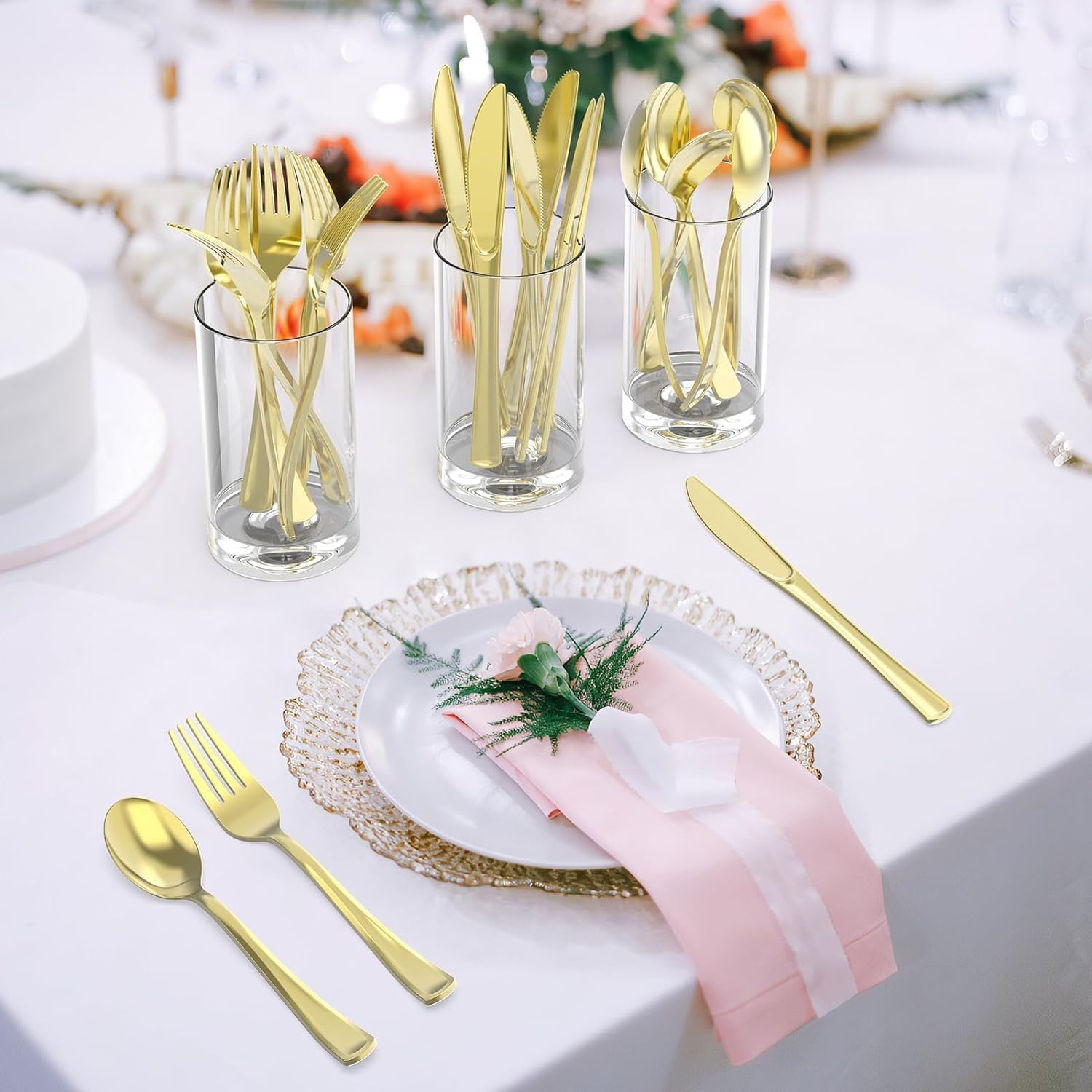 200 Heavy Duty Gold Plastic Silverware,100 Forks, 50 Spoons, 50 Knives, Bpa-Free,Reusable Gold Plastic Utensils Set, Plastic Cutlery Set, Party Wedding Dessert Picnic Christmas Catering image number 4