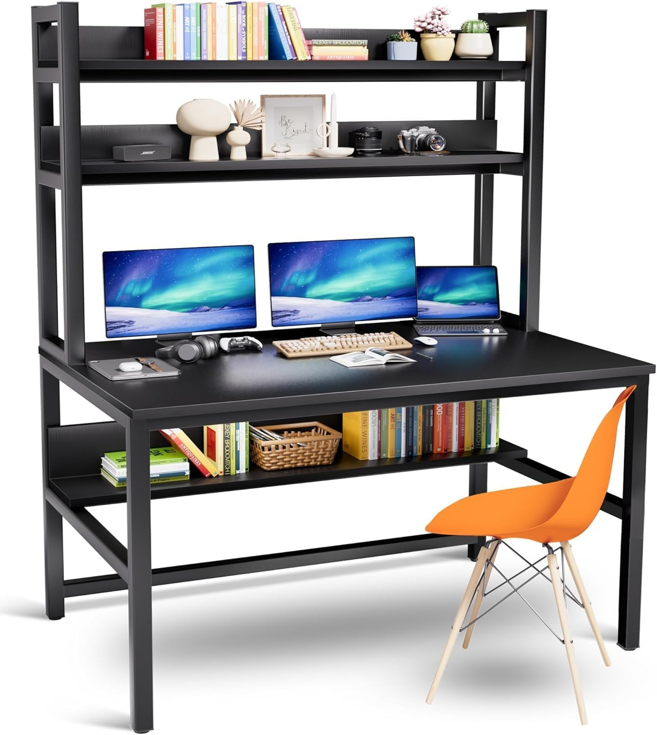 Aquzee Modern Black Computer Desk with Bookshelves, Multi-Functional Office Desk, Sturdy and Durable, Easy Assembly, Spacious Storage
