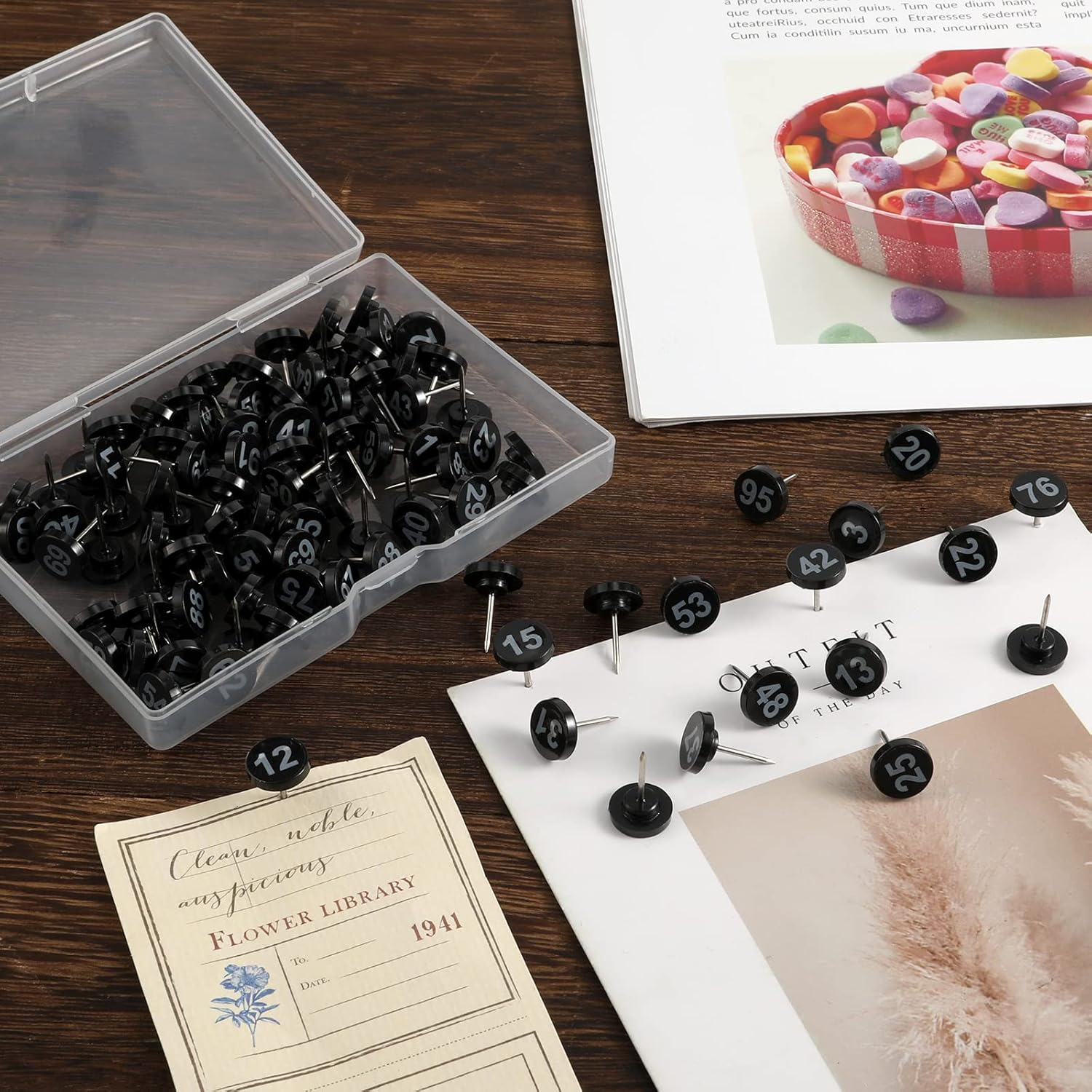 SAVITA 100Pcs Number Push Pins, Black Pins Plastic Flat Head Thumb Tacks with White Number from 1 to 100 for Maps Presentations Photos Posters Gallery Exhibits image number 1